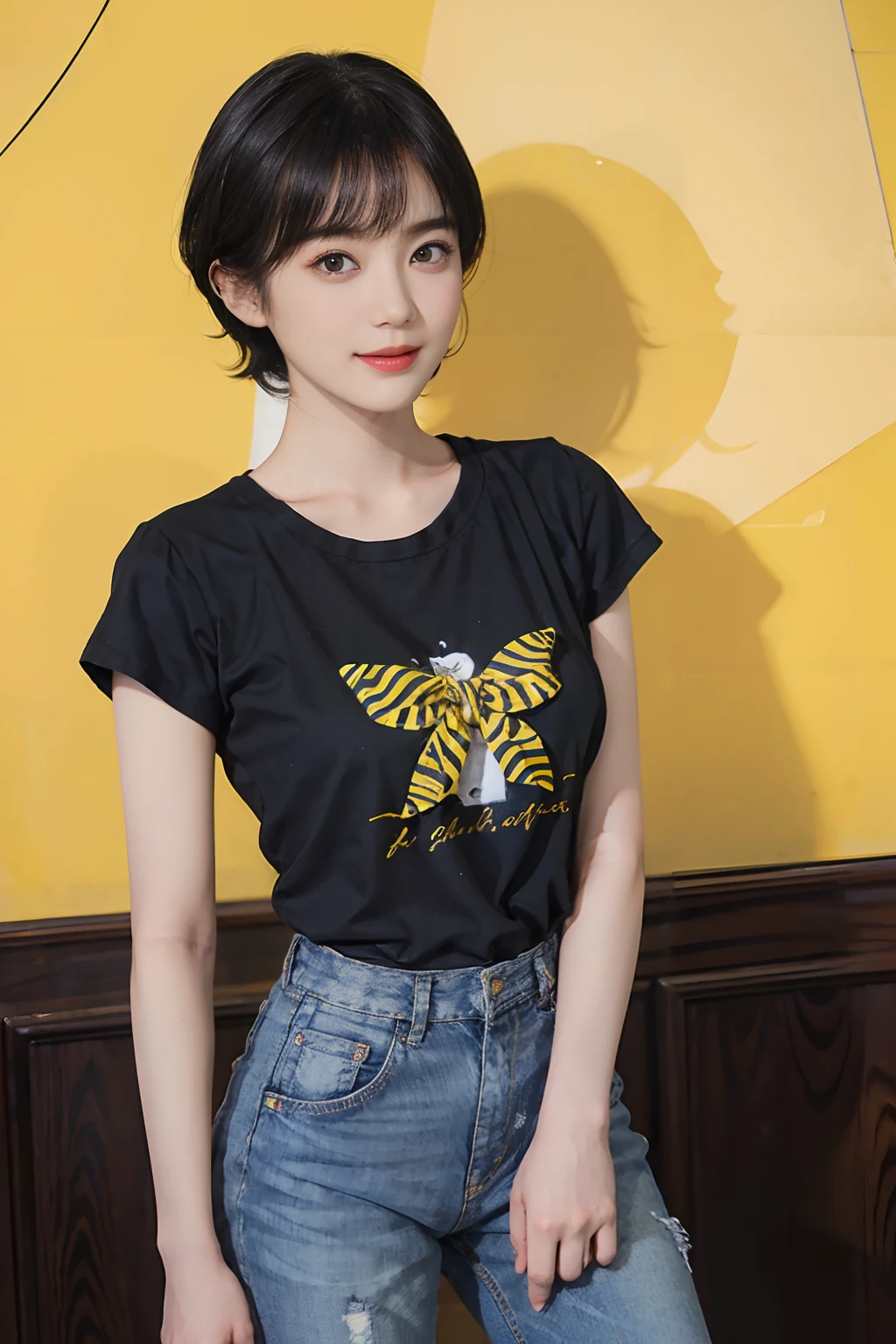 ((1womanl)),  (((Black-short-hair))), （masuter piece：1,3）、top-quality、​masterpiece、hight resolution、Original、highly detailed wallpaper、jeans、Large ribbon, (A slight smil)、a small face、((Breast bulge))、(Zebra print T-shirt)、(Yellow and blue clothes)、(light on face)、Live-action style, Beautiful facial features, darkened room, full-shot, full length