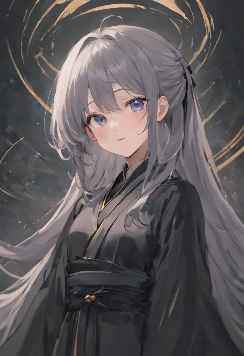greyt hair，Gray pupils，short detailed hair，wearing long black robe，Lively maiden