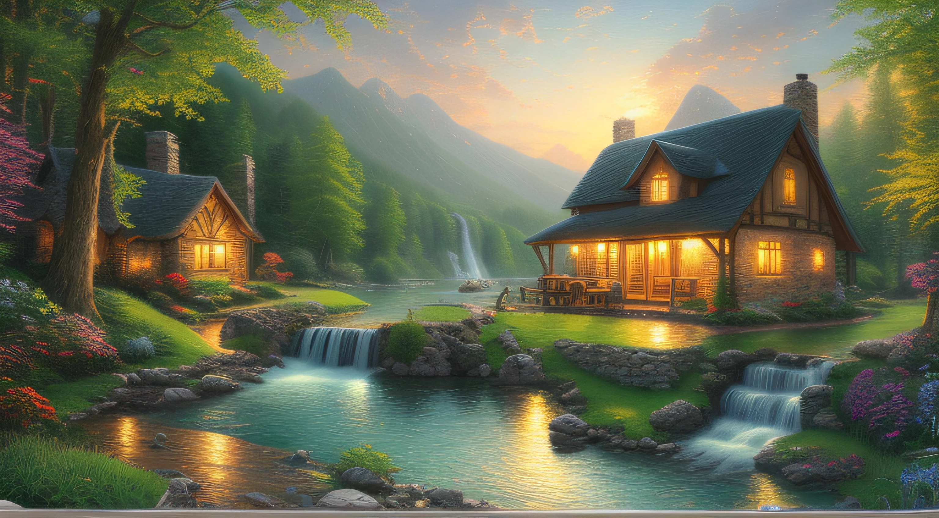 landscape, water, cottage, stream, (extremely detailed CG unity 8k wallpaper), most beautiful artwork in the world, professional majestic oil painting, intricate, High Detail, Sharp focus, dramatic, photorealistic painting art, style of Thomas Kinkade