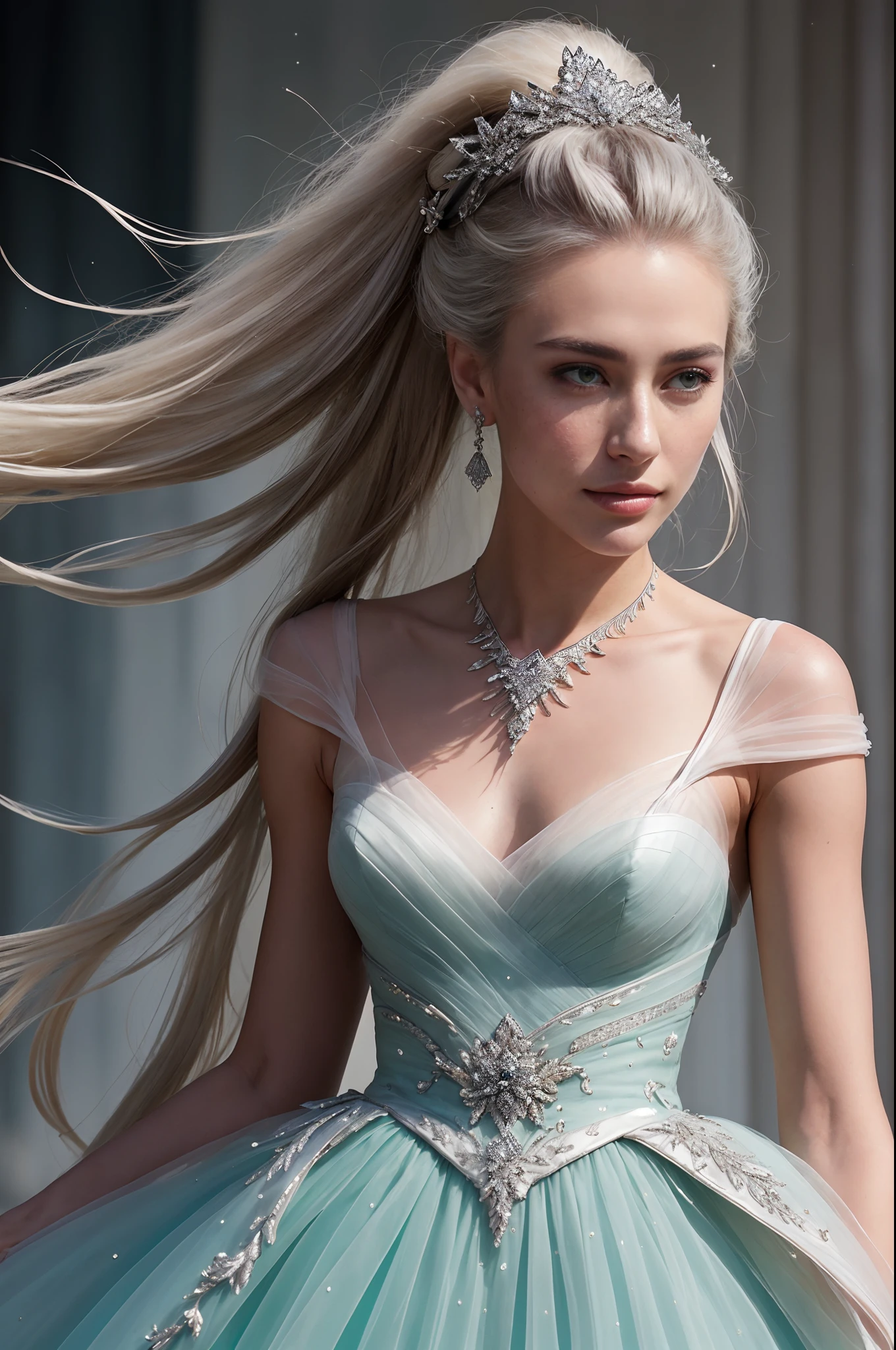 (masterpiece), ((best quality)), a close-up photography of a elegant Princess with very long (windblown:1.1) ombre platinum white hair, disbelief, flat sagging breasts with long , she is strolling in Cinderella castle, she is wearing a beautiful multiple stitched layers green ballgown with black accent, encrusted with jewels, intricate pattern, detailed, hair accessory glamour model, (textured skin, skin pores:1.1), (moles:0.8), imperfect skin, goosebumps, flawless face, (light freckles:0.9), windy, (night:1.1), dark theme, star, moonlit.