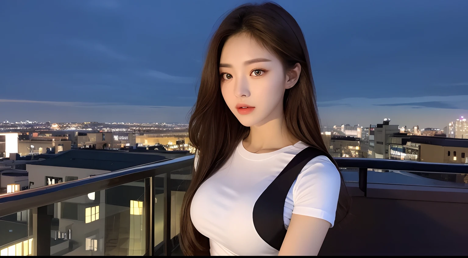 ((Midnight, Best quality, 8k, Masterpiece :1.3)), Whole body, Long legs, Sharp focus :1.2, A pretty woman with perfect figure :1.4, Slender abs :1.1, ((Dark brown hair, Big breasts :1.2)), (White tight tshirt, Jean bib, Standing:1.2), ((Night city view, Rooftop:1.3)), Highly detailed face and skin texture, Detailed eyes, Double eyelid