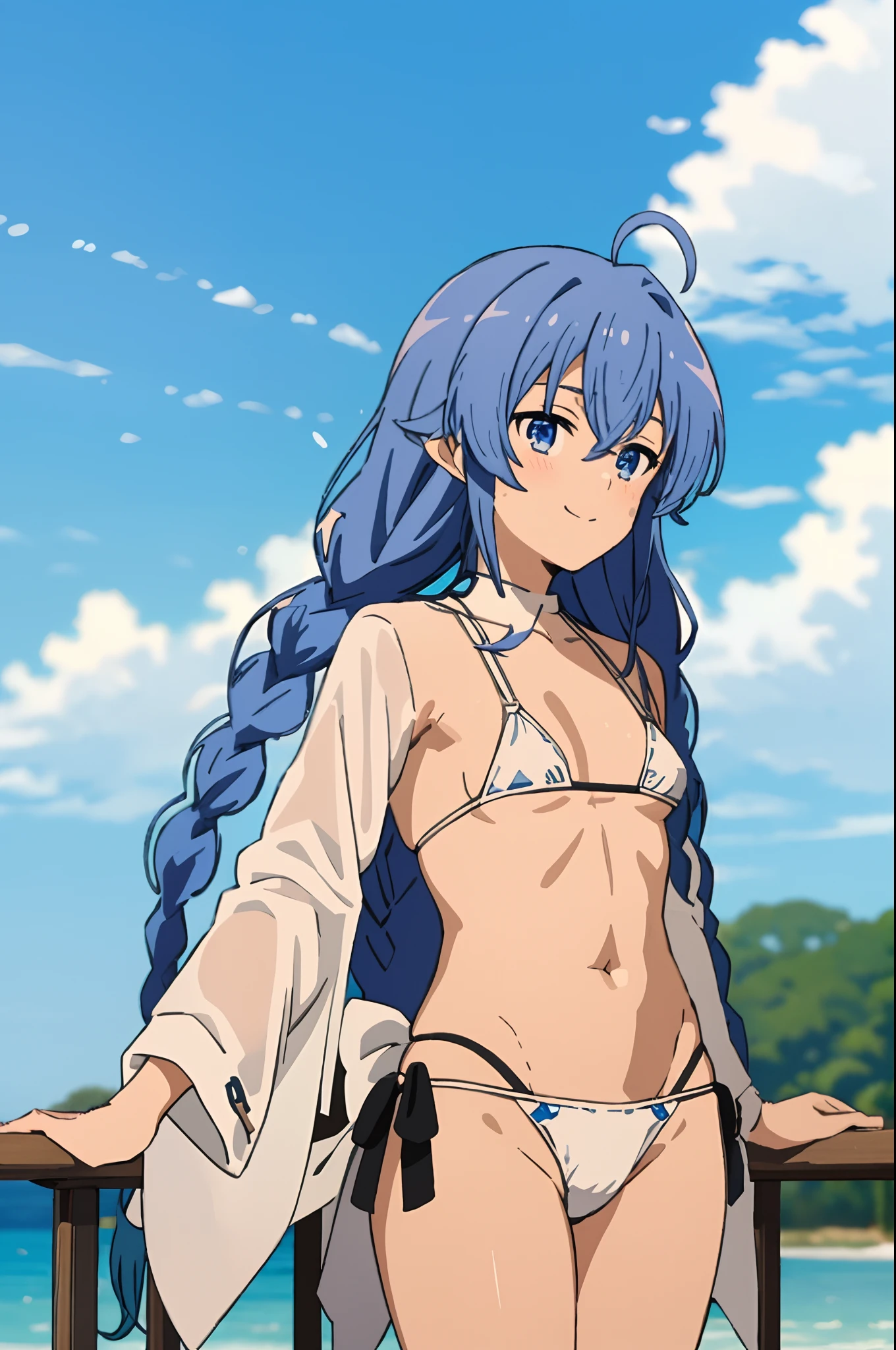 (masterpiece, best quality,), Roxy, 1girl, solo, light smile, light blush, twin braids, long hair, blue hair, ahoge, blue eyes, (((bikini))), (((white bikini))), small breasts, completely undressed, upper body, standing, looking at the viewer, sea