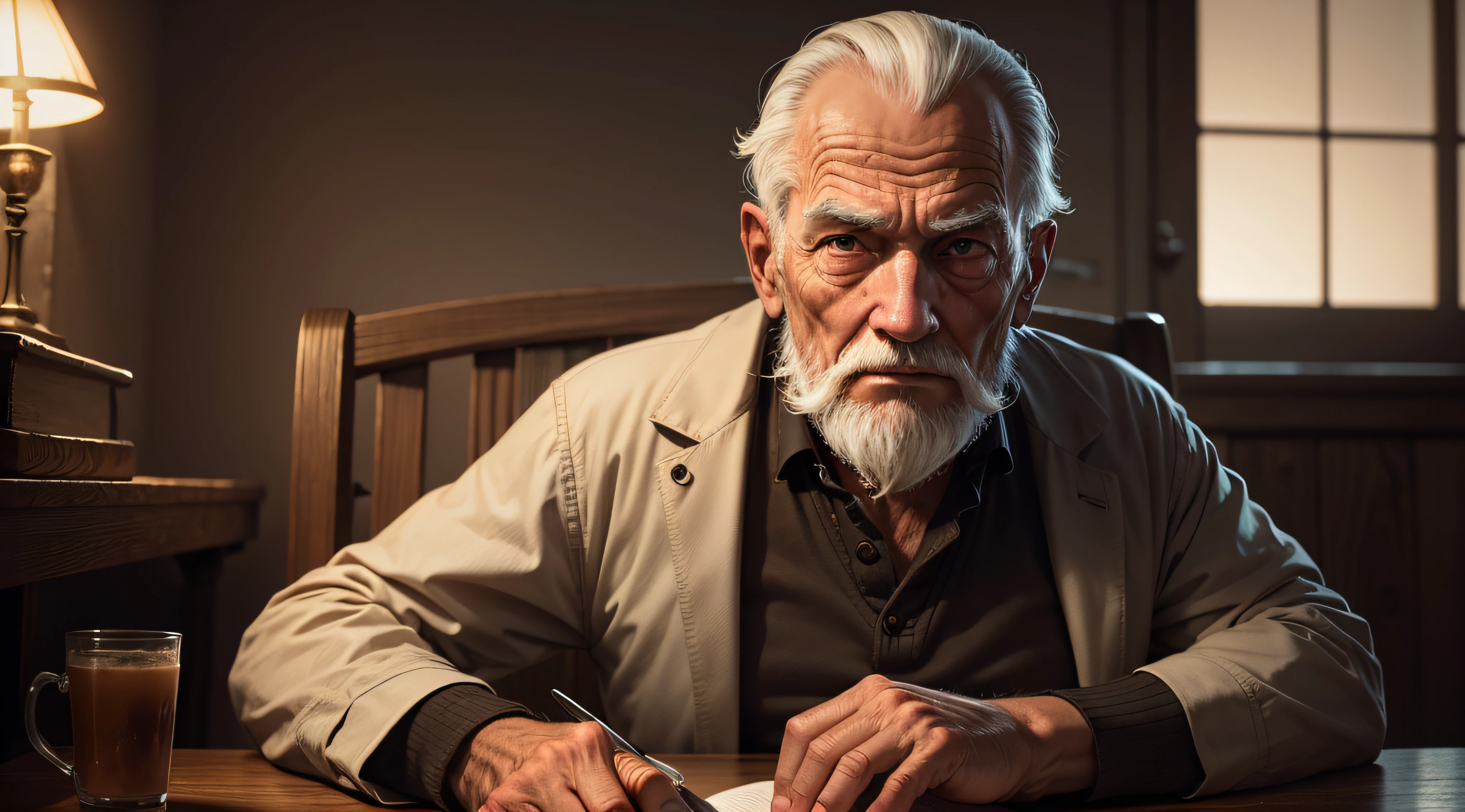 old man, ultra-straight, harsh lighting