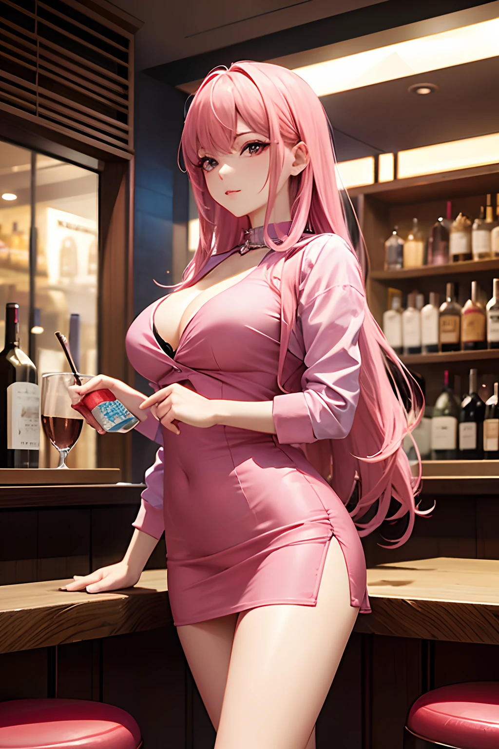 Snack Woman、Woman working in bar、well-styled、ren、Beautiful fece、sexy dress、、Skin Jean Miniskirt, Long pink hair, Looking at the viewer, Front view,