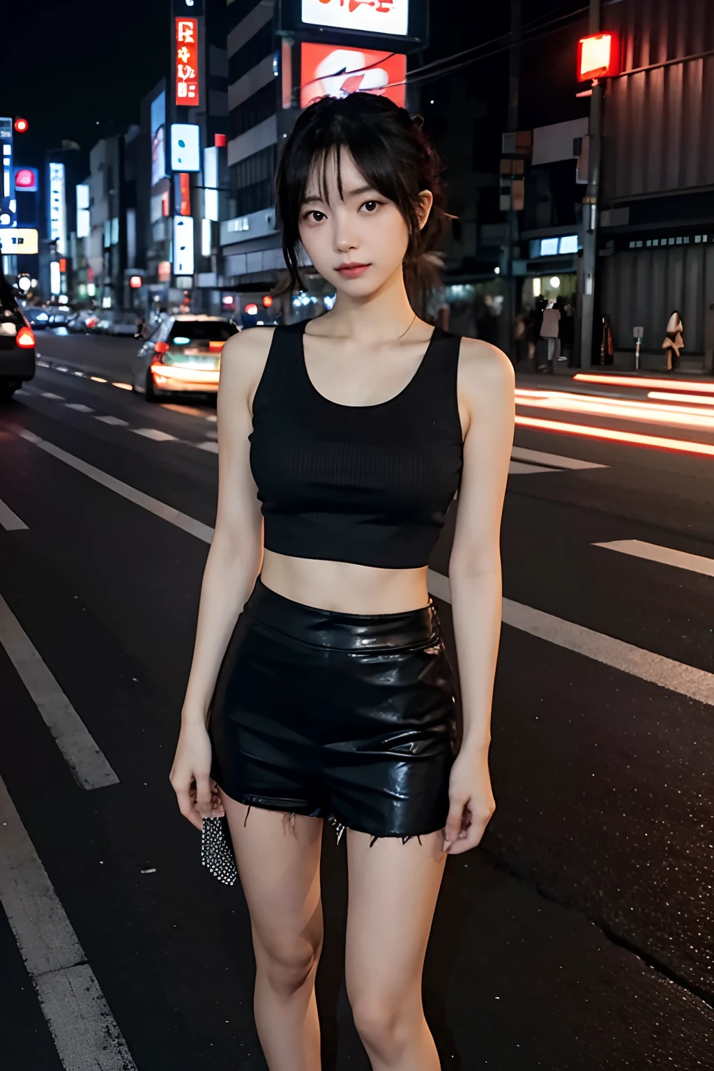 there is a woman standing on the side of the road, on rooftop tokyo night, chiho, in a tokyo street, in tokyo at night, in the city, in the streets of tokyo, in tokio, on future tokyo night rooftop, in neotokyo, wearing a cropped black tank top, in city street, in the middle of the city