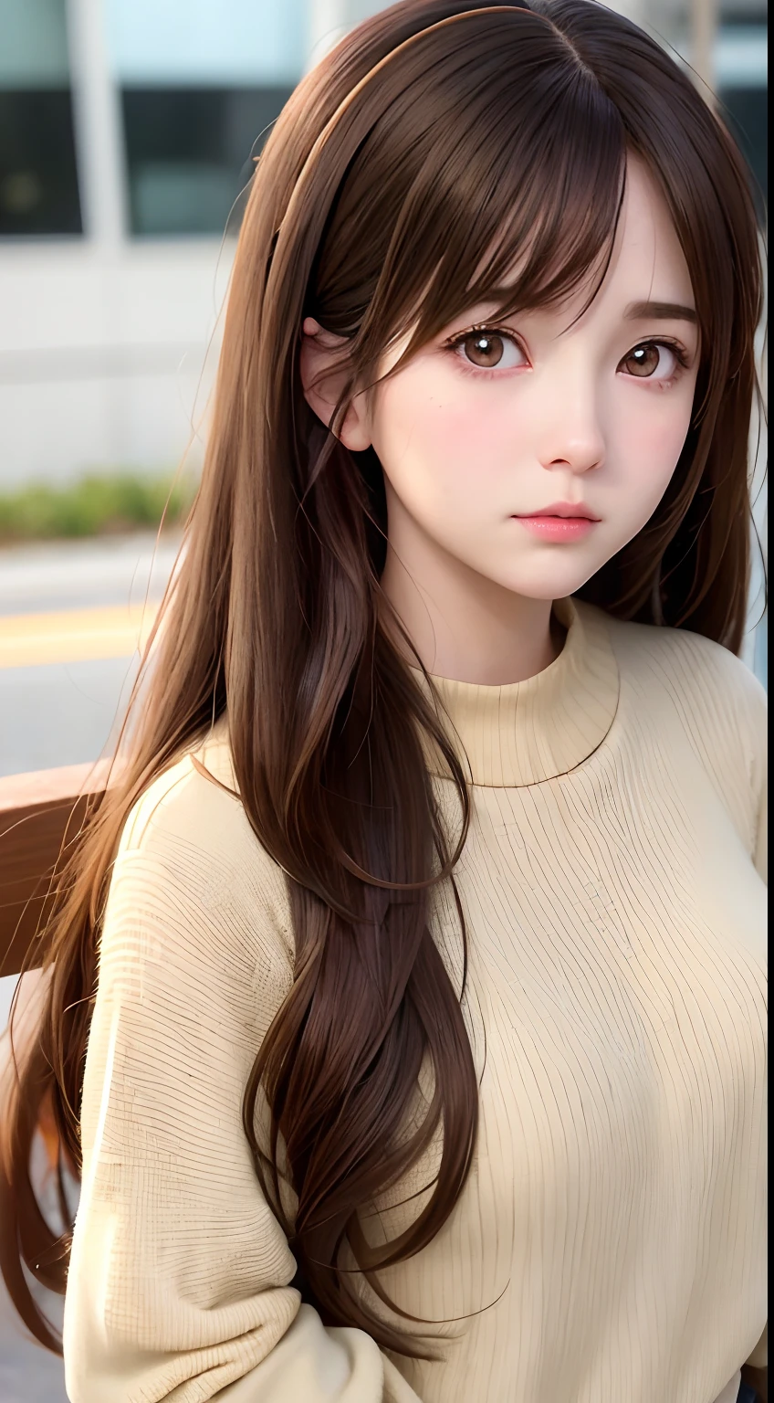 A ung girl with very light brown hair and pretty 20 years old, con cara de Wonyoung, Jang Wonyoung, doll eyes, estilo hiperfemenino y lindo, prendas rosadas. Chica japonesa, very tender asian girl with pale skin, ojos grandes, ojos de bambi, labios gruesos, ropa rosa, ella tiene el cabello muy largo, su rostro es bonito, se parece a Jang Wonyoung de ive, es Wonyoung, busto voluminoso, busto grande y notorio.