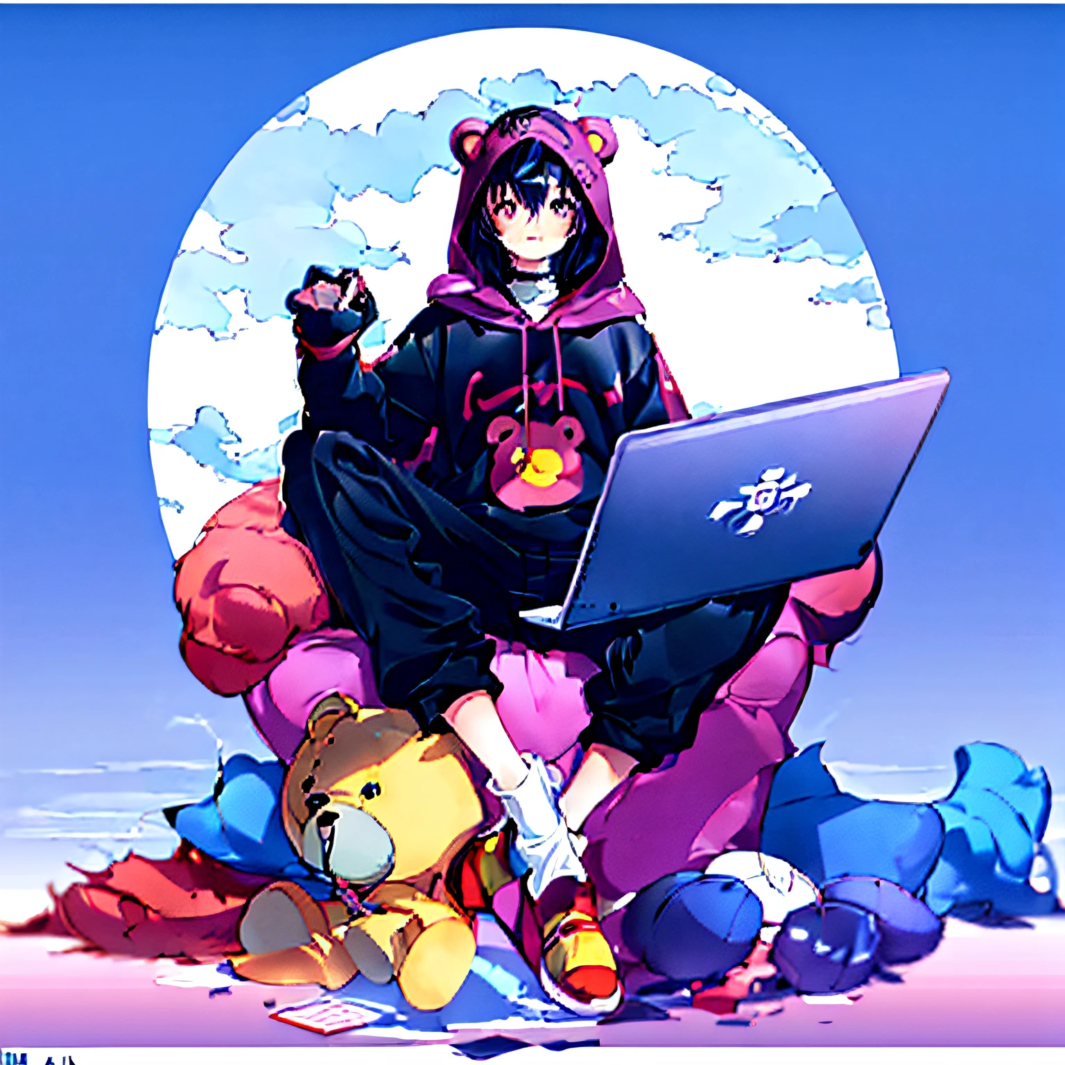Anime character sitting on laptop and teddy bear chair, anime moe art style, Top Rated on pixiv, pixiv style, anime peripheral, In pixiv, High quality anime art style, high quality fan art, pixiv, anime style 4 k, Digital art at Pixiv, Megumin, trending in pixiv, popular on pixiv