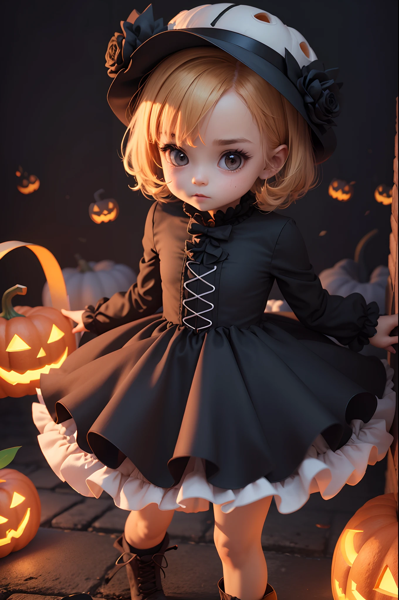 A cute little character in light 3D with a front, Halloween cartoon, cute pumpkin head, black smoke Halloween background, trick or treat, 4k quality