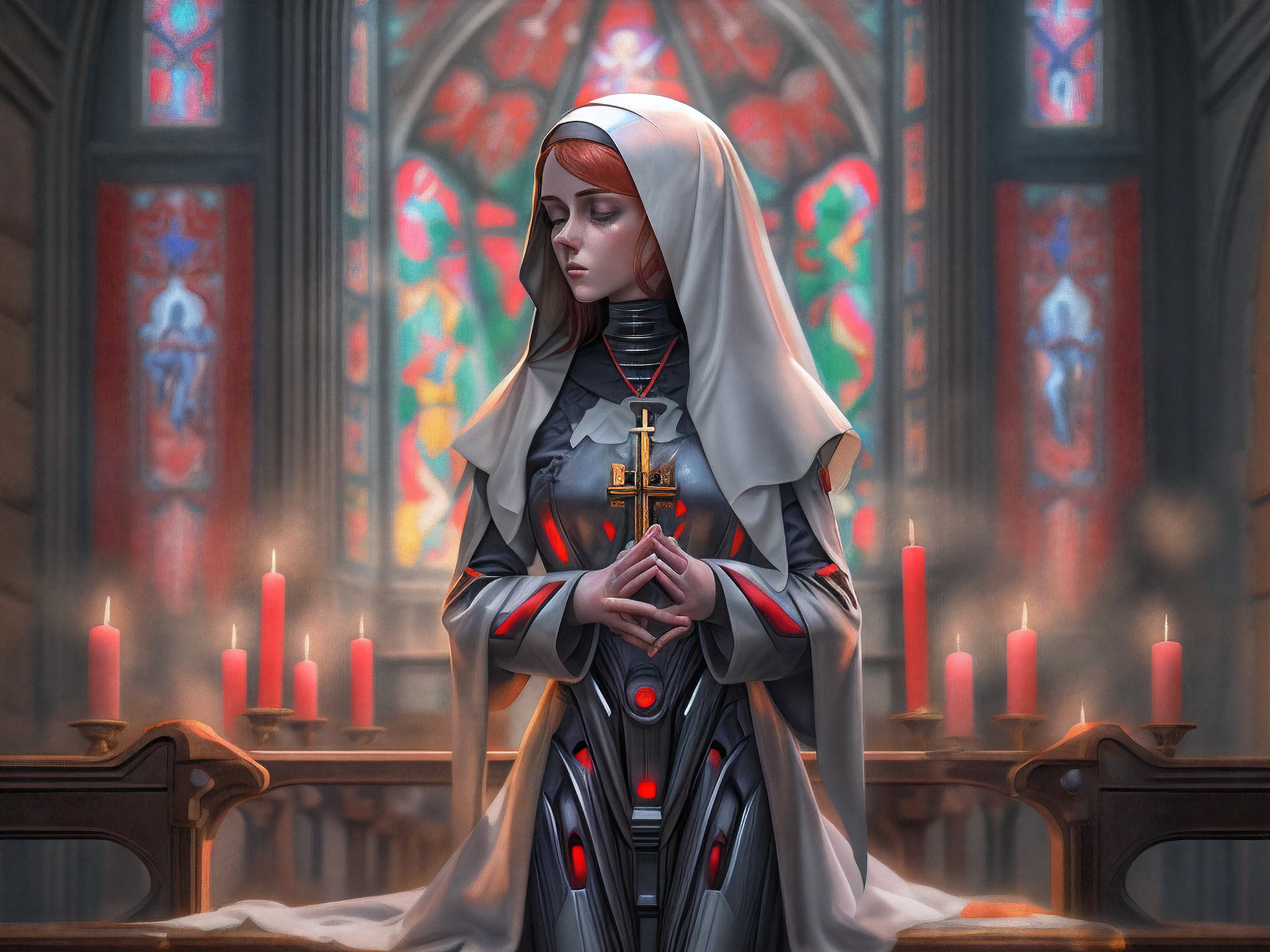 an oil fresco of a (mecha woman nun: 1.3) praying in church, full body, an exquisite beautiful (ultra detailed, Masterpiece, best quality) mecha woman nun, dynamic angle (best detailed, Masterpiece, best quality), best detailed face, ultra feminine, red hair, long hair, braided hair, dynamic eyes color,, (wearing mecha nun habit: 1.4), nun habit made from mecha parts, praying in a goth church, candles light, dim sun rays through church windows, divine rays high details, fantasy art, RPG art best quality, 16k, [ultra detailed], masterpiece, best quality, (ultra detailed), full body, ultra wide shot, photorealistic, mecha musume mechanical parts