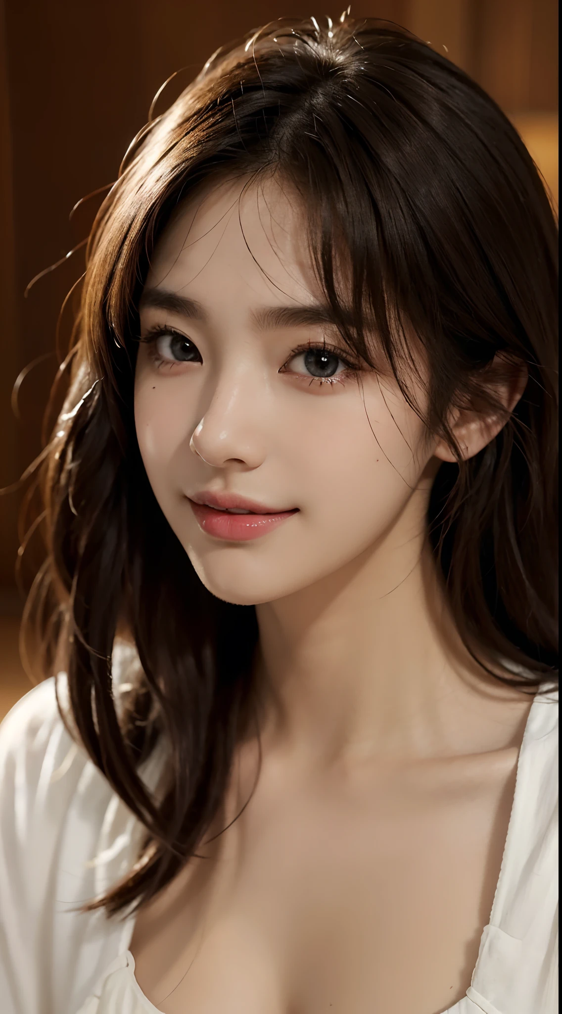 Best quality, Realistic, Photorealistic, extremely detaile, An extremely delicate and beautiful, RAW photo, Professional lighting, Dynamic lighting, light in face, Depth of field, solofocus, full bodyesbian, Japanese and Korean beauties,South Korean beauties,A 20-year-old female, Brown hair, Brown eyes, Smaller head, Fashion girl, Beautiful eyes, Large breasts,Real face, Real skin, Realistic face, Realistic skin, Detailed eyes, Detailed facial features, detailed clothes features, (fashionable attire:1.3), (fashion hair: 1.3) dynamicposes, view the viewer, Simple background, Smile, Detailed face and breasts, (PureErosFace),