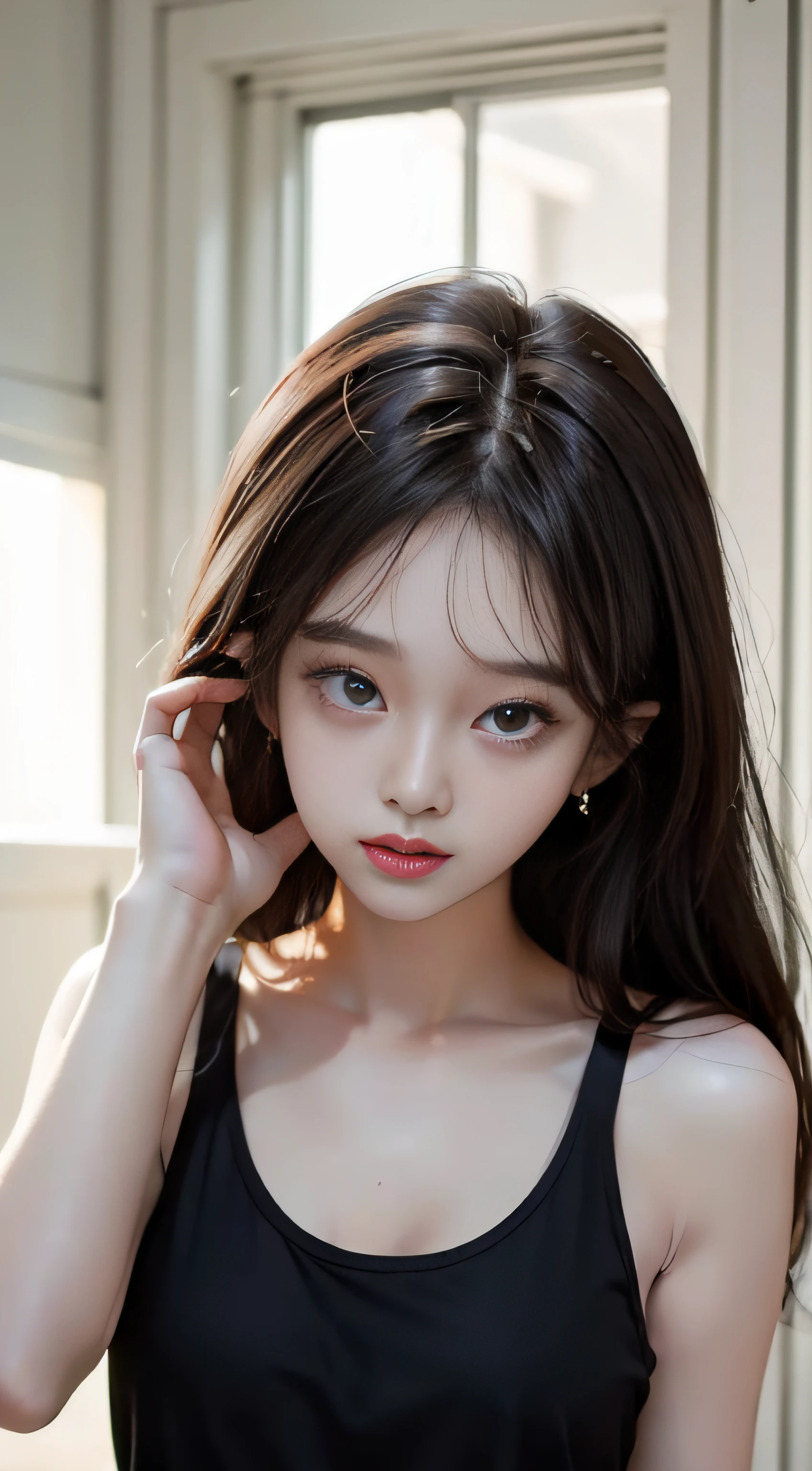 blythe doll tes trigeña, heart shape face, big dark brown eyes with long eyelashes, medium bushy and straight eyebrows, upturned and round nose, small freckles, thin upper lip and thick lower lip, short black hair to my shoulders, septum y piercing bridge