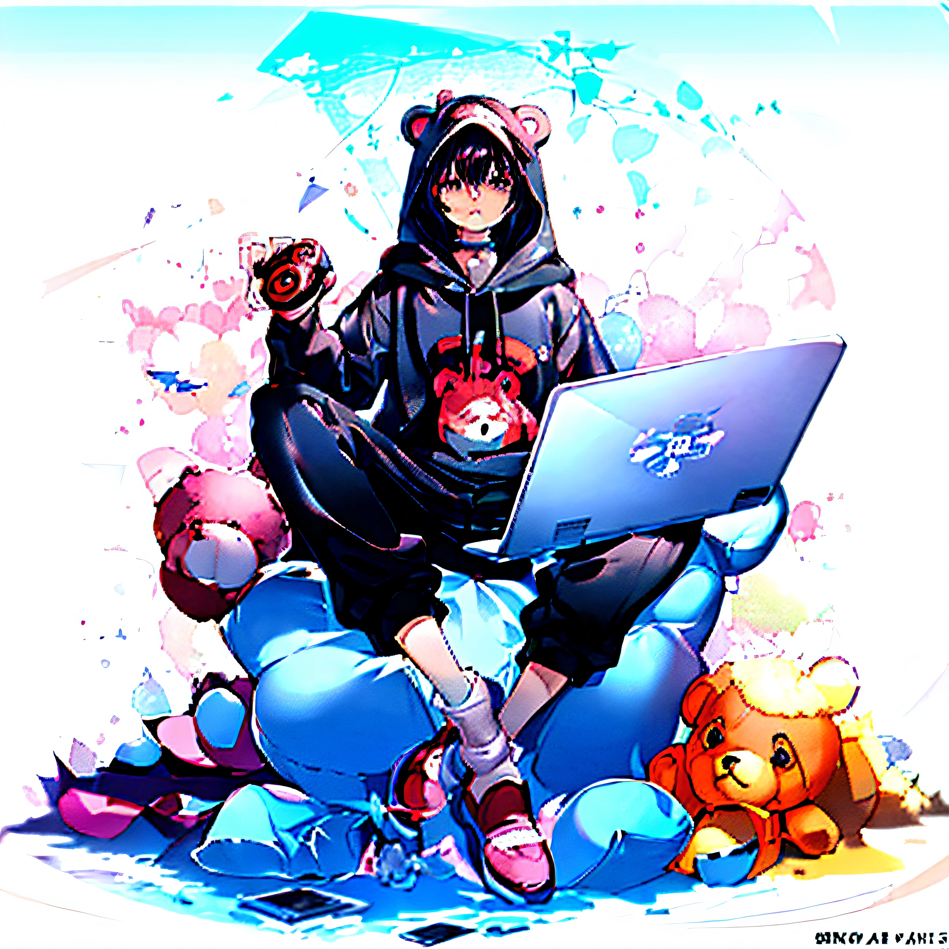 Anime character sitting on laptop and teddy bear chair, anime moe art style, Top Rated on pixiv, pixiv style, anime peripheral, In pixiv, High quality anime art style, high quality fan art, pixiv, anime style 4 k, Digital art at Pixiv, Megumin, trending in pixiv, popular on pixiv