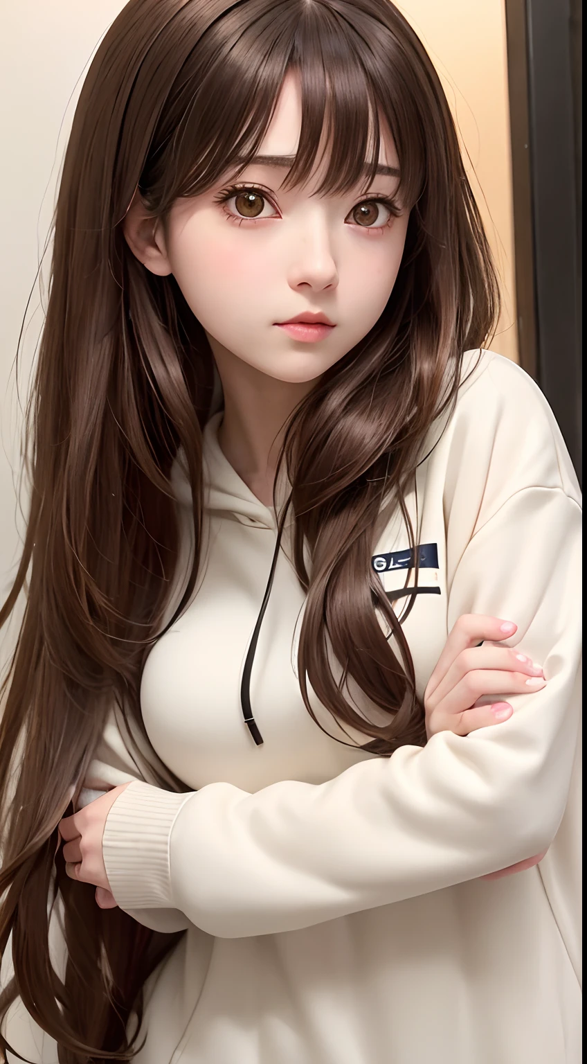 anime girl with long brown hair and cream Hoodie looking at camera, anime moe artstyle, iwakura lain, anime visual of a cute girl, an anime girl, kawaii realistic portrait, portrait anime girl, from girls frontline, smooth anime cg art, young anime girl, fine details. girls frontline,