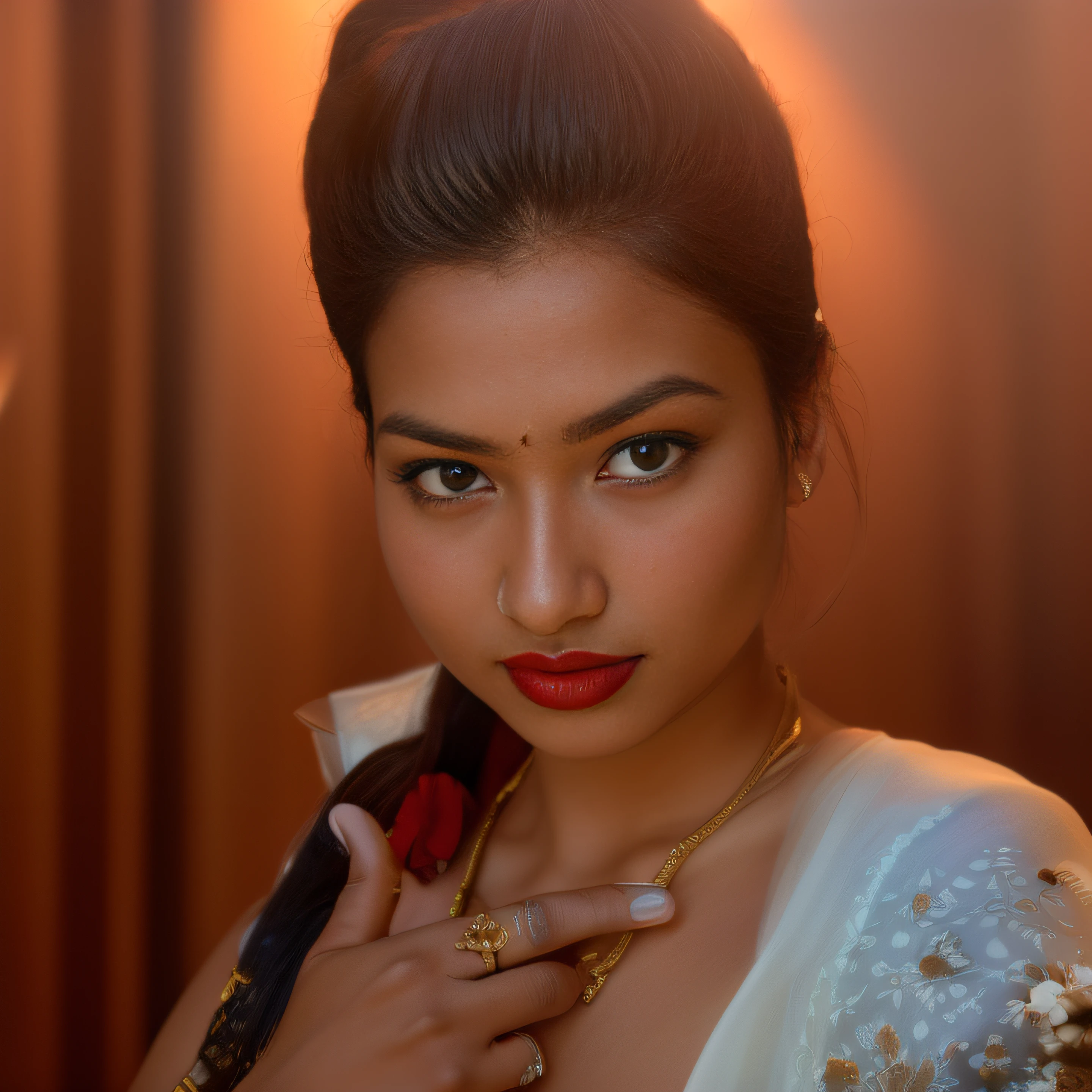 there is a woman with a red necklace and a black dress, srilanka model aesthetic, indian, beautiful young himalayan woman, with lovely look, young himalayan woman, traditional beauty, very beautiful girl, with accurate face, beuatiful face, beautiful himalayan woman, portait photo profile picture, beutiful face, around 1 9 years old, facebook profile picture, ((film grain, skin details, high detailed skin texture, 8k hdr, dslr)), photography taken by sony DSLR, Hd image, dark redlips