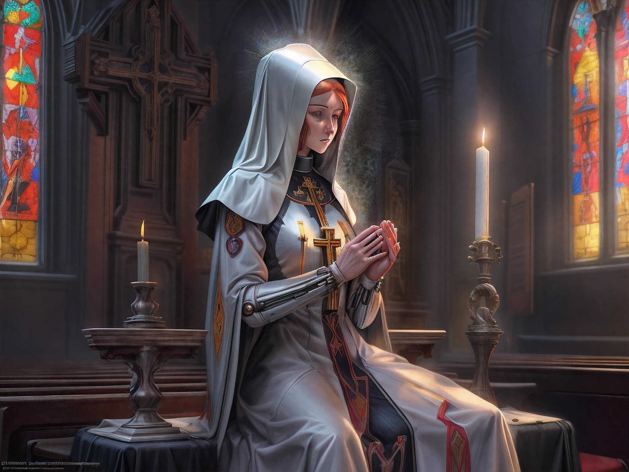 a picture of a mecha woman nun praying in church, full body, an exquisite beautiful (ultra detailed, Masterpiece, best quality) mecha woman nun, dynamic angle (best detailed, Masterpiece, best quality), best detailed face, ultra feminine, red hair, long hair, braided hair, dynamic eyes color,, (wearing mecha nun habit: 1.4), praying in a goth church, candles light, dim sun rays through church windows, divine rays  high details, fantasy art, RPG art best quality, 16k, [ultra detailed], masterpiece, best quality, (ultra detailed), full body, ultra wide shot, photorealistic, mecha musume