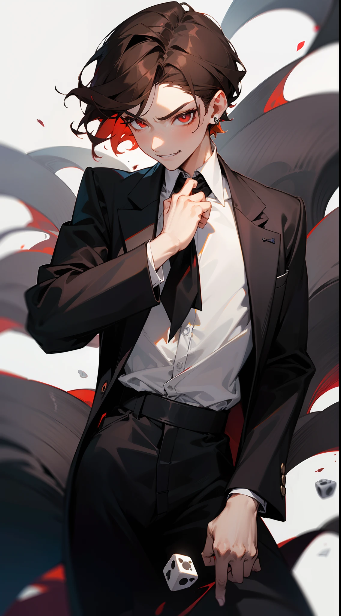 ((tmasterpiece)),(((beste-Qualit))), Close-up of seductive man with brown hair, Dynamic posture, magician, Grown-up guy, Seductive evil, Attractive appearance, Subsurface scattering skin, Attractive humanoid, wearing white shirt, white shirt, high detail, Skinny fantasy man, Fan art, Art, handsome male, red eyes, smirk, ssmile, fangs, vampire fangs, small pupils, Skinny face, sunken cheeks, Melancholic appearance, sharp chin, Smooth face, earring in the ear, Hair gradient, hair color from brown to red, thin eyebrows, short hair on the side, pixie hairstyle, Wavy Hair, Skeletons around, calavera, Skeletal creatures, dice, Black Souls, black slime around, Black smoke, Black Ghosts, A Black Creature Without Boundaries, A chilling look, Cool dark shades, Additional lighting, A gloomy picture, blood on body, blood on the forehead, blood on the neck, cuts into the skin, Black Darkness, An ominous fire in his eyes, A Necromancer, necromancy, Evil Magic, Black Fire, a closeup of a, clouds in the background, black clouds