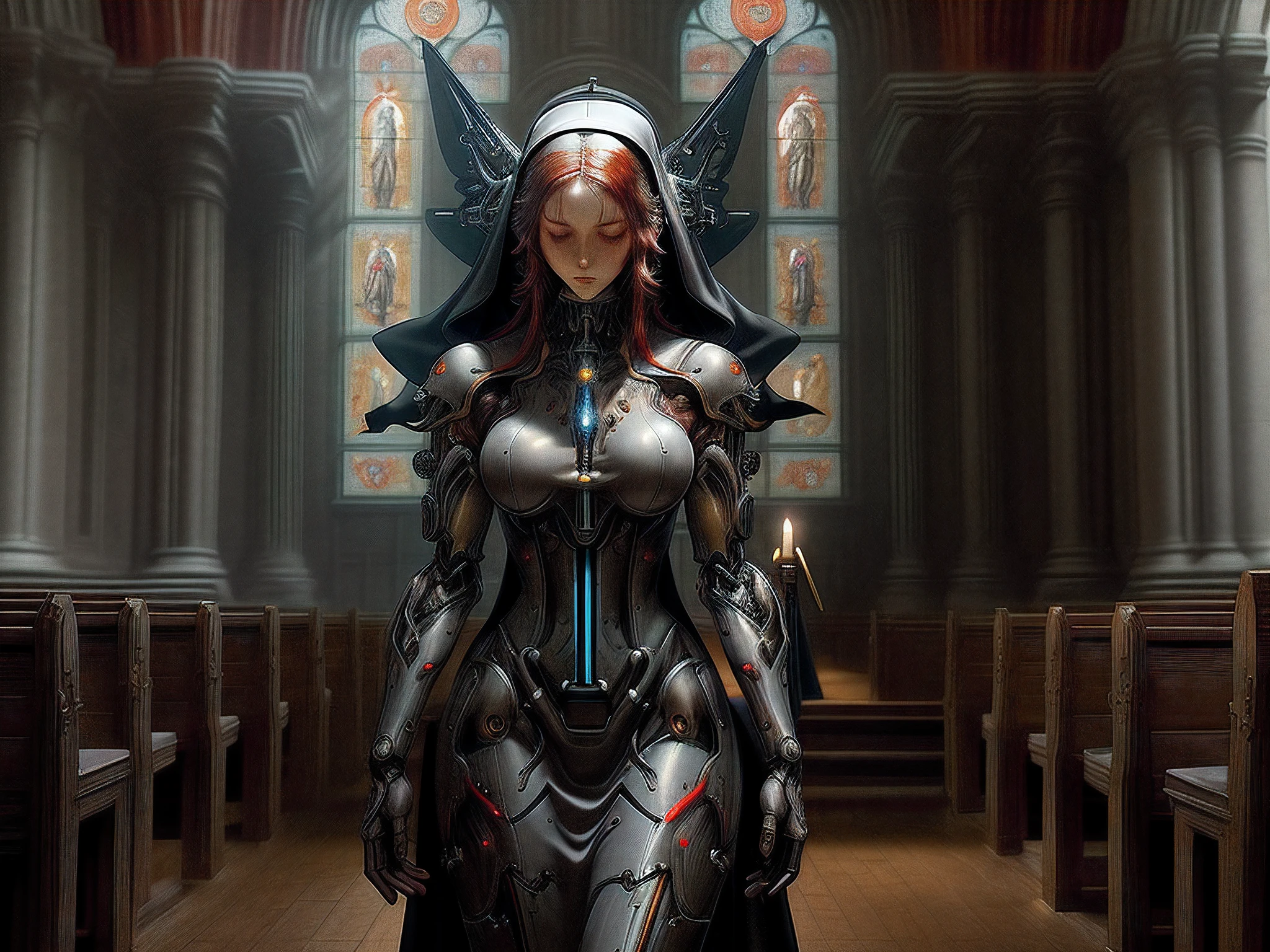 a oil fresco of a (mecha woman nun: 1.3) praying in church, full body, an exquisite beautiful (ultra detailed, Masterpiece, best quality) mecha woman nun, dynamic angle (best detailed, Masterpiece, best quality), best detailed face, ultra feminine, red hair, long hair, braided hair, dynamic eyes color,, (wearing mecha nun habit: 1.4), praying in a goth church, candles light, dim sun rays through church windows, divine rays high details, fantasy art, RPG art best quality, 16k, [ultra detailed], masterpiece, best quality, (ultra detailed), full body, ultra wide shot, photorealistic, mecha musume
