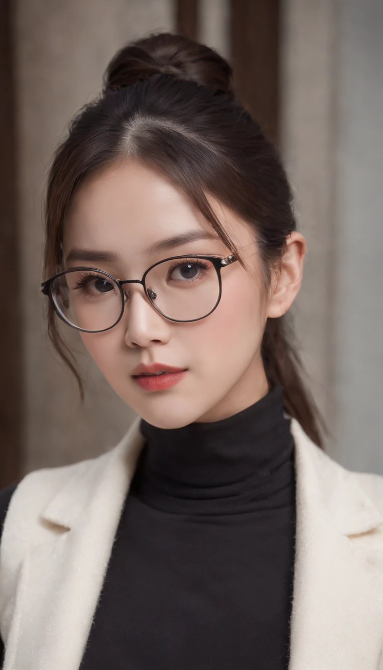 (An Asian girl with a ponytail, Wearing black-framed glasses,Wear a turtleneck wool vest,Wearing a white coat, ), Oil painting, Detailed eyes, Detailed lips, Long eyelashes, Realistic lighting, Best quality, high resolution, Vivid colors