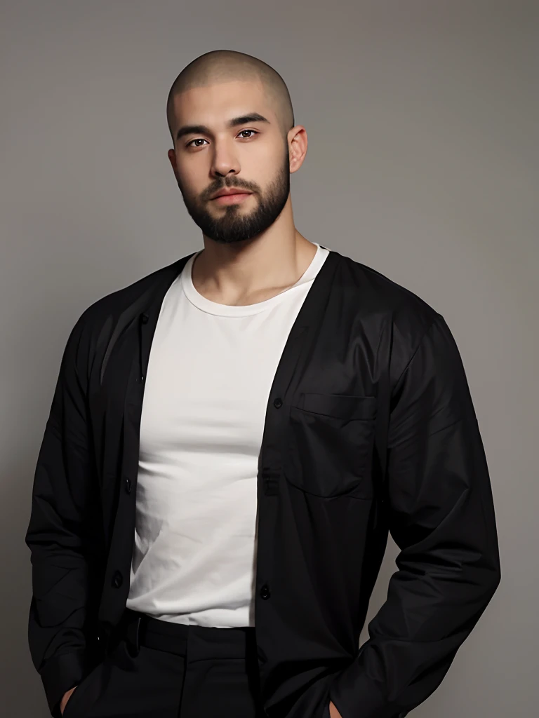 Man standing in relaxed pose, 28 years old, slightly muscular, slight smile, grey eyes, full beard, shaved head, eyebrows neutral, wearing black oversize shirt, looking at viewer