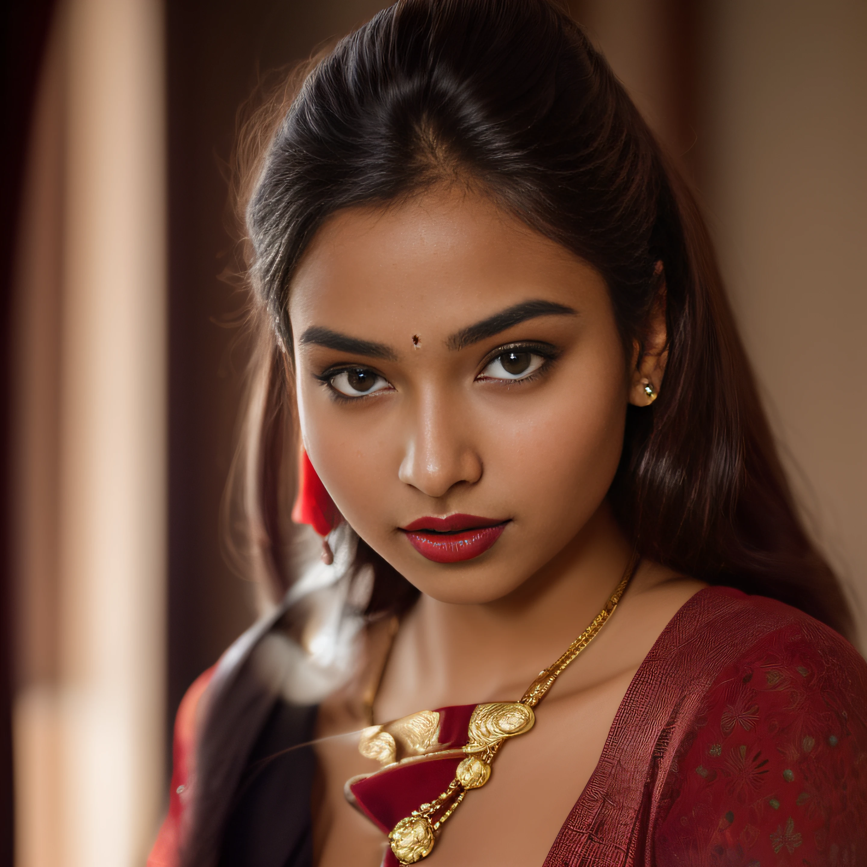 there is a woman with a red necklace and a black dress, srilanka model aesthetic, indian, beautiful young indianwoman, with lovely look, young himalayan woman, traditional beauty, very beautiful girl, with accurate face, beuatiful face, beautiful himalayan woman, portait photo profile picture, beutiful face, around 1 9 years old, facebook profile picture, ((film grain, skin details, high detailed skin texture, 8k hdr, dslr)), photography taken by sony DSLR, Hd image, dark redlips, 2 5 yo, chubby body, sexy figure, big breast