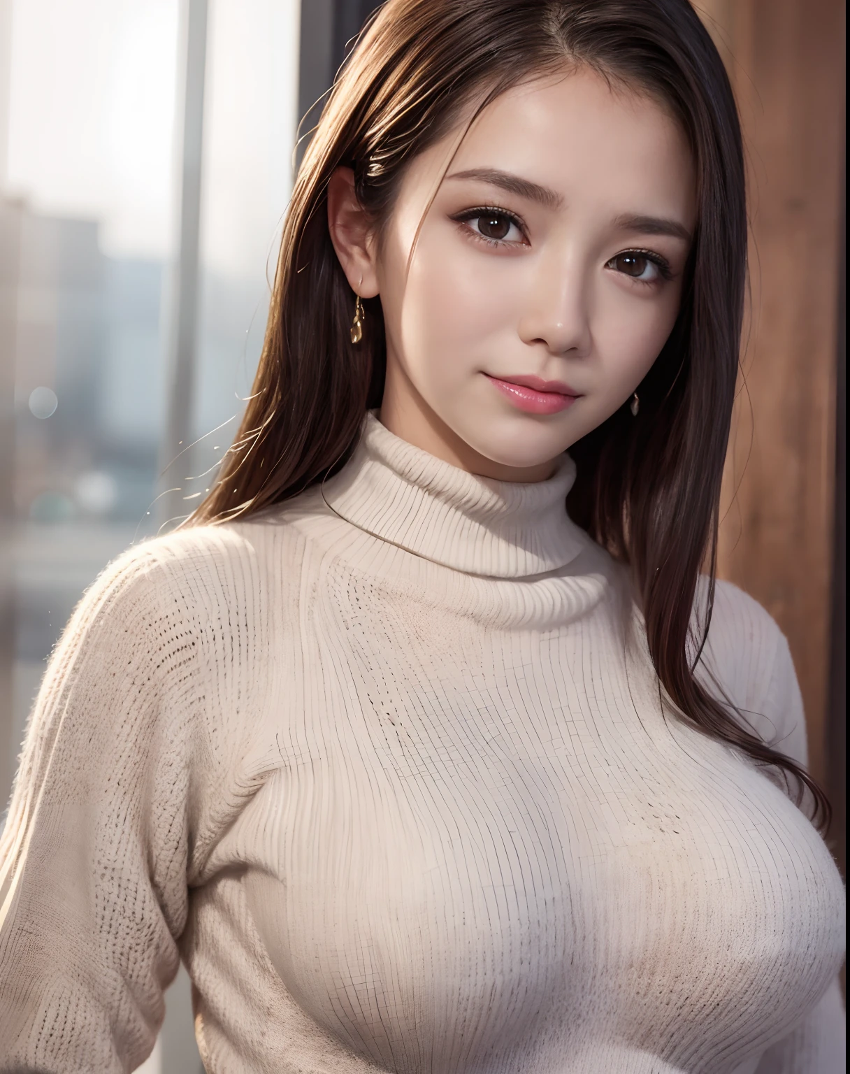 A close up of a woman in a white sweater posing for a picture - SeaArt AI
