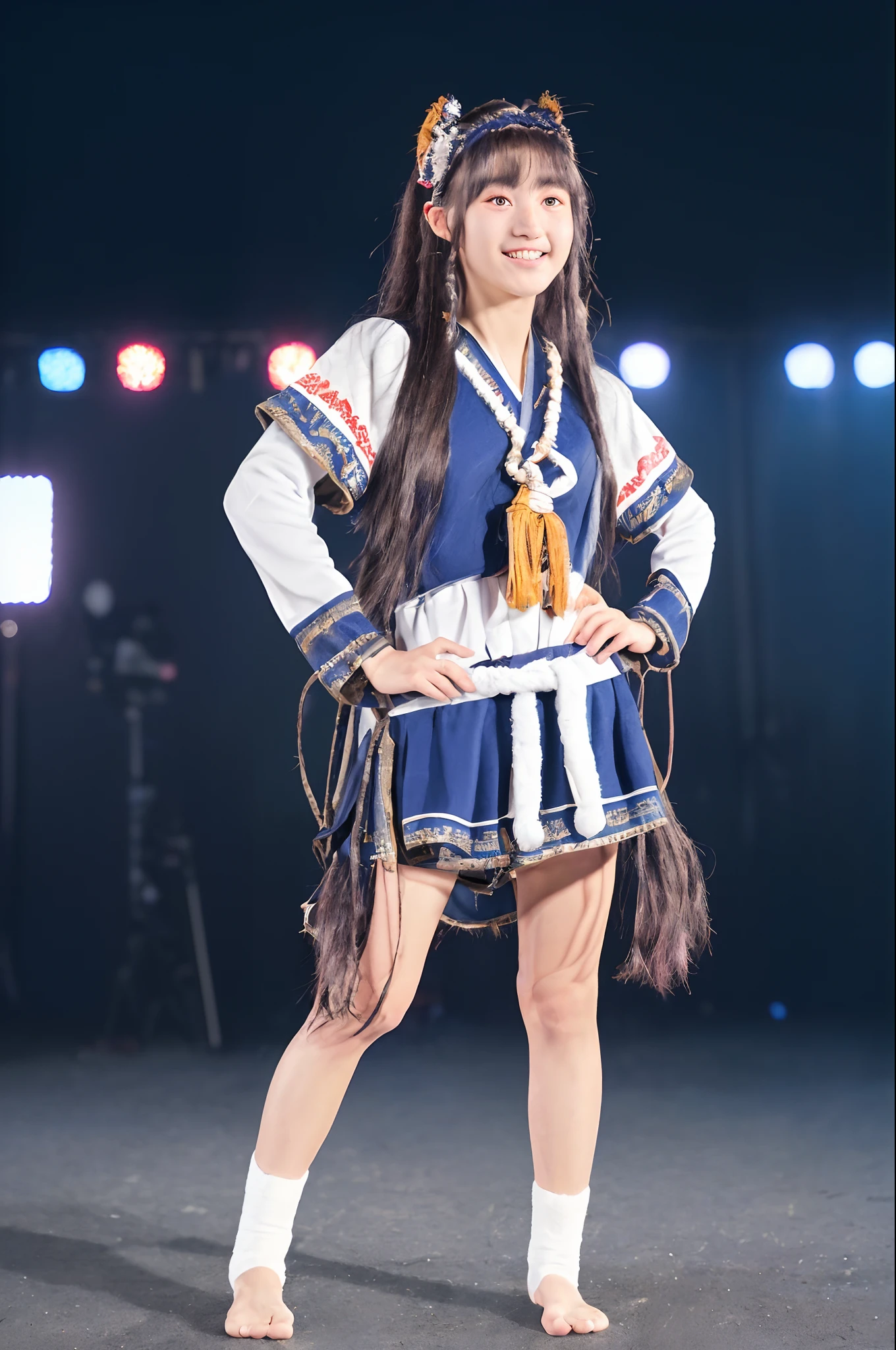 ((8K、Raw photography、Top image quality、​masterpiece、:1.2)), (realisitic、Photorealsitic:1.3), Ainu female idols, Cute 15 year old woman in Ainu costume, Female Idol Style Costume, Beautiful bare feet, Smile with all your might, Stage of an outdoor concert venue, Background of Hokkaido, cowboy  shot, dynamic ungle
