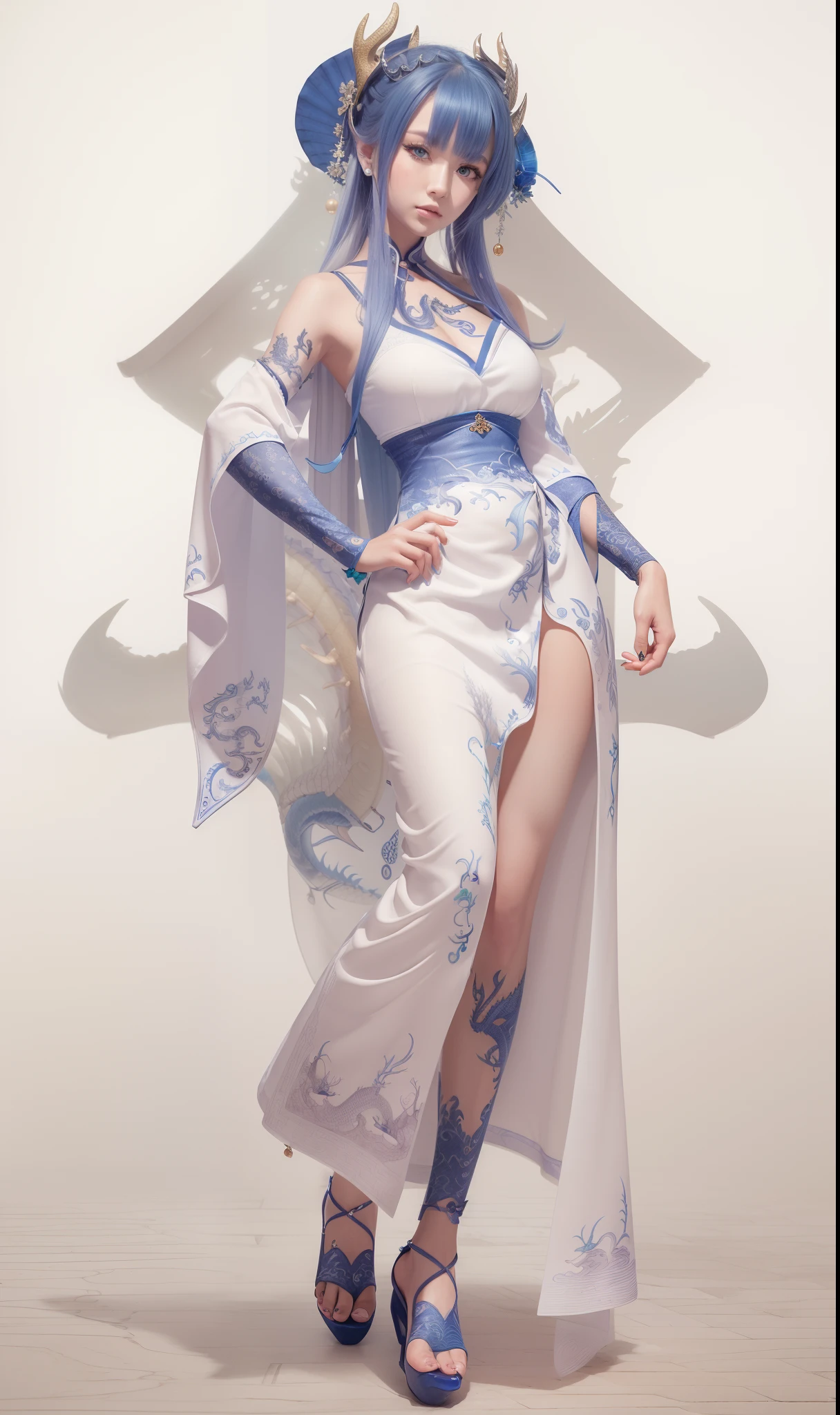 (quality、tmasterpiece:1.2)，Teenage girl，white color hair、Smooth skin、Beautiful mouth、Sleek and slender figure，blue transparent lace，bedridden，???????????????，Visible on the back，Visible ??????，