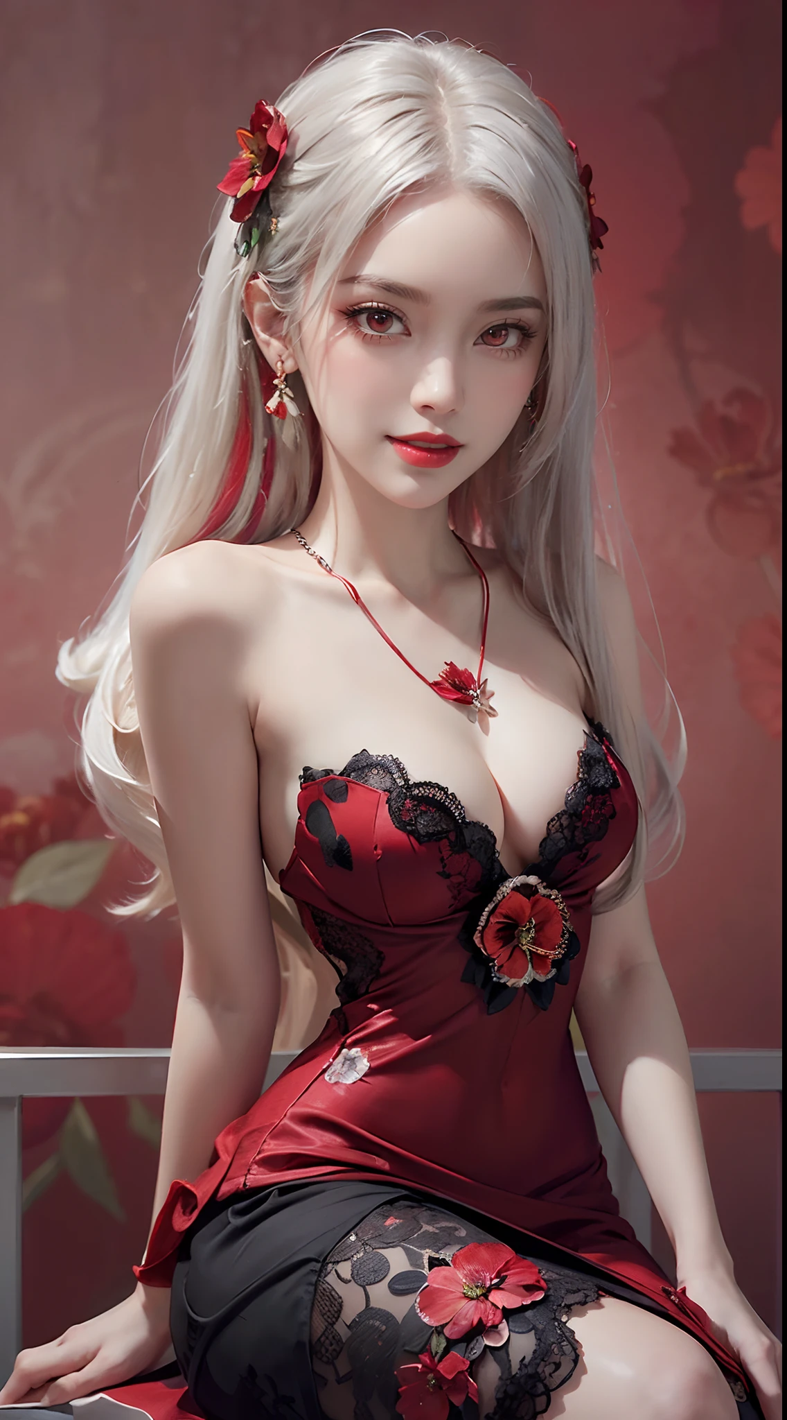 1 beautiful and sexy 20 year old girl, ((wearing a super thin red dress:1.8)), dress with diamonds, ((long platinum hair:1.6)), bangs, elaborate jewelry made from gemstones and beautiful hair, ( ( wearing a black lace necklace:1.4))), noble, noble style of an extremely beautiful girl, super cute little face, very pretty face , sparse eyebrows, beautiful, flawless face, ((black eye pupils: 0.8))), very pleasing to the eyes, ((light red eyes: 1.5)), beautiful makeup and hair, fur detailed eyelashes, wet eye makeup, high nose, earrings, red lips, ((closed mouth: 1;5 )) beautiful lips, slim hands, most beautiful thighs, ((arms spread to the sides: 1.5) ), rosy face, clean face, flawless beautiful face, smooth white skin, (big breasts: 1.5)), ((high breasts: 1.6) ), firm breasts, beautiful cleavage, (((big and super round : 1.8 ))), ((super tight breasts: 1.7)), beautiful breasts, ((chest puffed out: 0.8)), ((arms on the sides: 1.8)), ((sitting on the ground and spreading thighs: 1.5 )), unashamed, black sheer fishnet stockings with black lace, ((sitting down facing the viewer:1.6)), 8k photo, super high quality, super realistic, super 10x pixels, optical research, studio light, edge light, two-tone light, (high detail skin:1.2), super 8k, soft light, high quality, volumetric light, optical geometry, resolution optical high resolution, lighting, best photo, 4k, 8k quality, blur effect, smooth focus, 10 x pixels, ((red flower background:1.7)), aurora, lightning, surreal graphics, most realistic mapping, alone, solo, extremely sharp, surreal image, upper body of girl, (((frontal portrait:1.4)))."