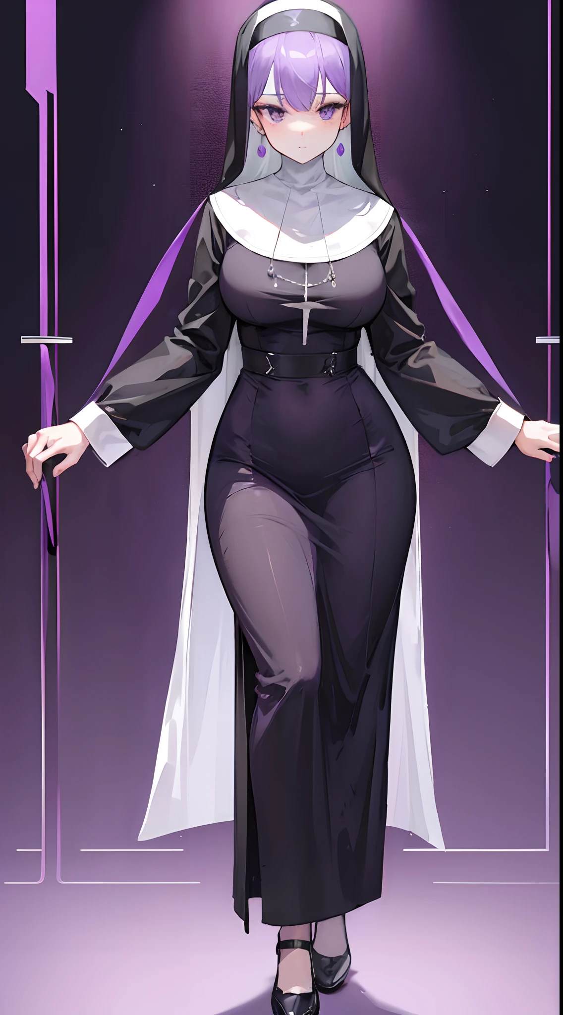 a mature female,lewd nun,Purple earrings,Bobo hair style,stand posture,Full body like