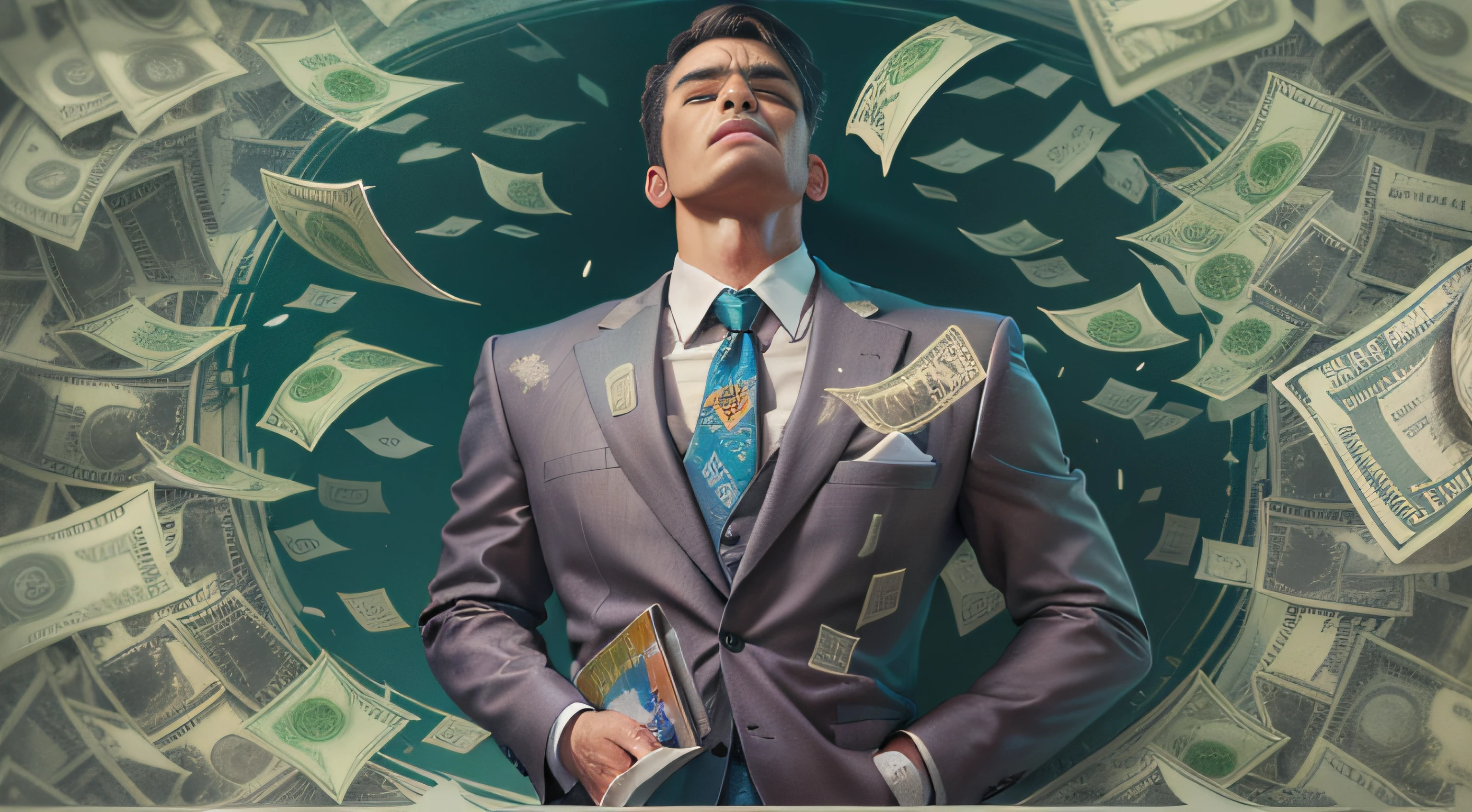 A detailed painting of a person in a suit, surrounded by a flurry of dollar bills, with the book Financial Freedom Formula in the center.