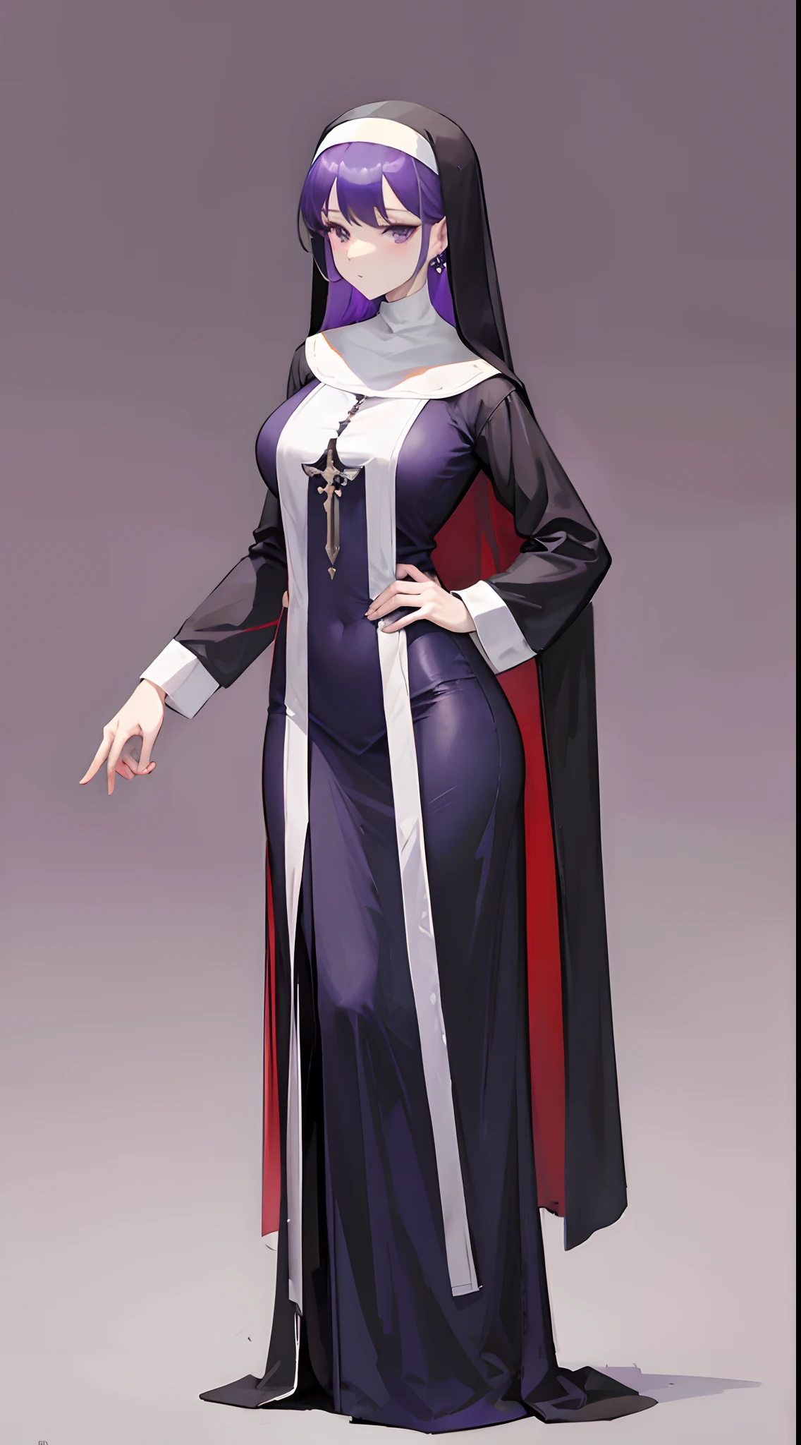 a mature female，lewd nun，Purple earrings，Bobo hair style，stand posture，Full body like