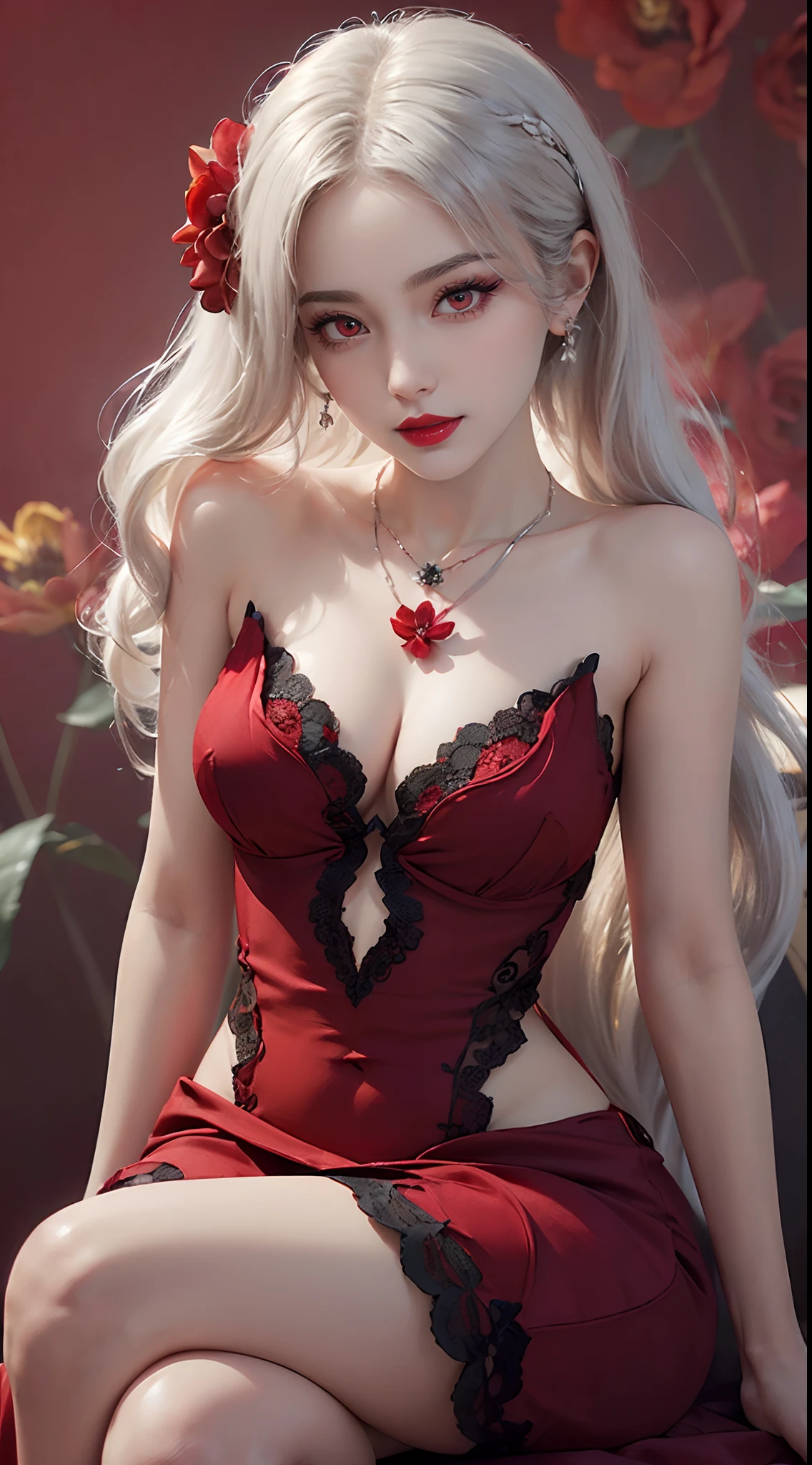 1 beautiful and sexy 20 year old girl, ((wearing a super thin red dress:1.8)), dress with diamonds, ((long platinum hair:1.6)), bangs, elaborate jewelry made from gemstones and beautiful hair, ( ( wearing a black lace necklace:1.4))), noble, noble style of an extremely beautiful girl, super cute little face, very pretty face , sparse eyebrows, beautiful, flawless face, ((black eye pupils: 0.8))), very pleasing to the eyes, ((light red eyes: 1.5)), beautiful makeup and hair, fur detailed eyelashes, wet eye makeup, high nose, earrings, red lips, ((closed mouth: 1;5 )) beautiful lips, slim hands, most beautiful thighs, ((arms spread to the sides: 1.5) ), rosy face, clean face, flawless beautiful face, smooth white skin, (big breasts: 1.5)), ((high breasts: 1.6) ), firm breasts, beautiful cleavage, (((big and super round : 1.8 ))), ((super tight breasts: 1.7)), beautiful breasts, ((chest puffed out: 0.8)), ((arms on the sides: 1.8)), ((sitting on the ground and spreading thighs: 1.5 )), unashamed, black sheer fishnet stockings with black lace, ((sitting down facing the viewer:1.6)), 8k photo, super high quality, super realistic, super 10x pixels, optical research, studio light, edge light, two-tone light, (high detail skin:1.2), super 8k, soft light, high quality, volumetric light, optical geometry, resolution optical high resolution, lighting, best photo, 4k, 8k quality, blur effect, smooth focus, 10 x pixels, ((red flower background:1.7)), aurora, lightning, surreal graphics, most realistic mapping, alone, solo, extremely sharp, surreal image, upper body of girl, (((frontal portrait:1.4)))."
