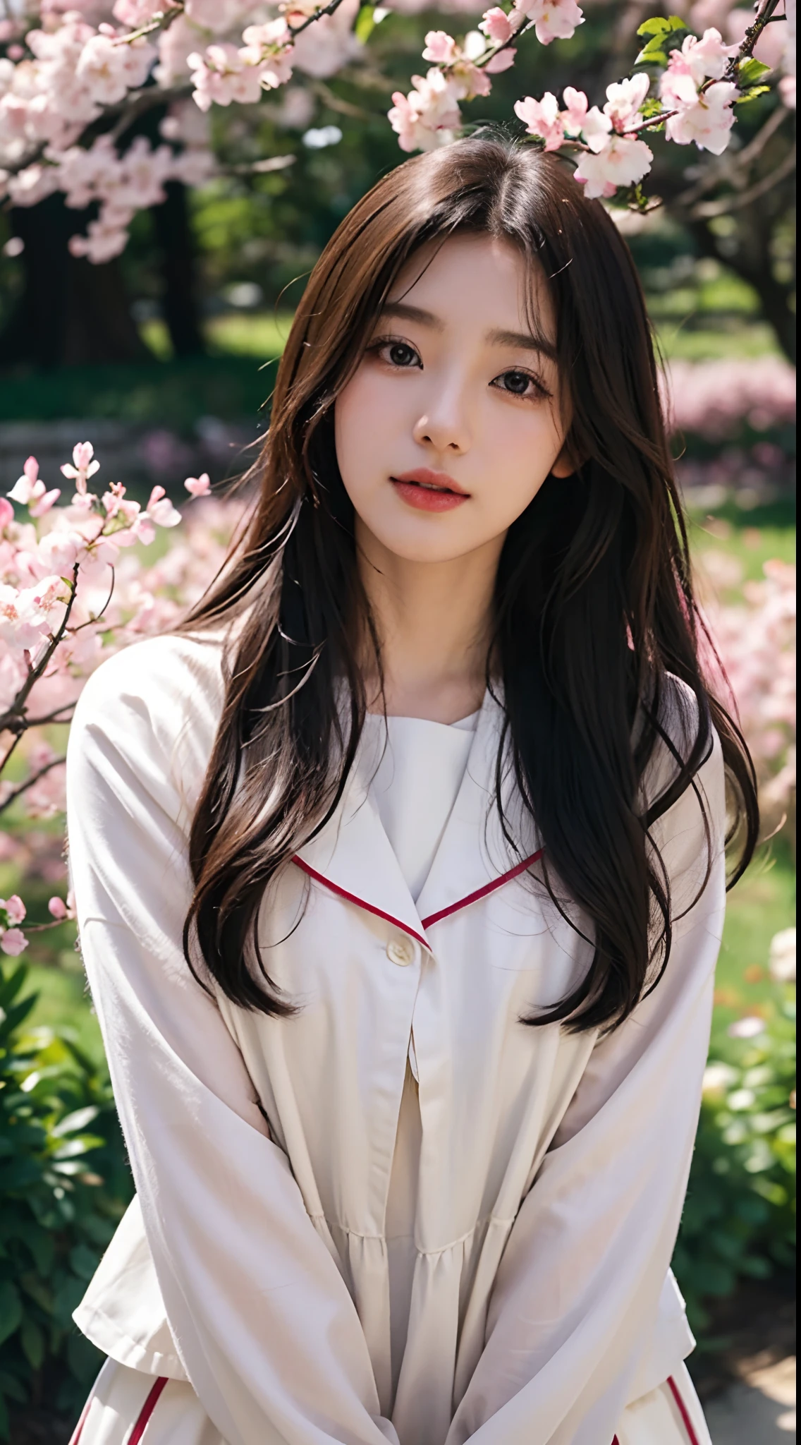 Best quality, Realistic, Photorealistic, extremely detaile, An extremely delicate and beautiful, RAW photo, Japanese and Korean beauties，South Korean beauties，Girl in JK uniform, Vibrant colors, Detailed eyes and lips, Beautiful hair, joyful expressions, Surrounded by cherry blossom trees, It has a kawaii anime style, In a picturesque garden full of sunshine. The artwork is of the best quality, With ultra-detailed features and realistic, Realistic touch. vibrant with colors，The lighting creates a warm atmosphere, Dreamy atmosphere.