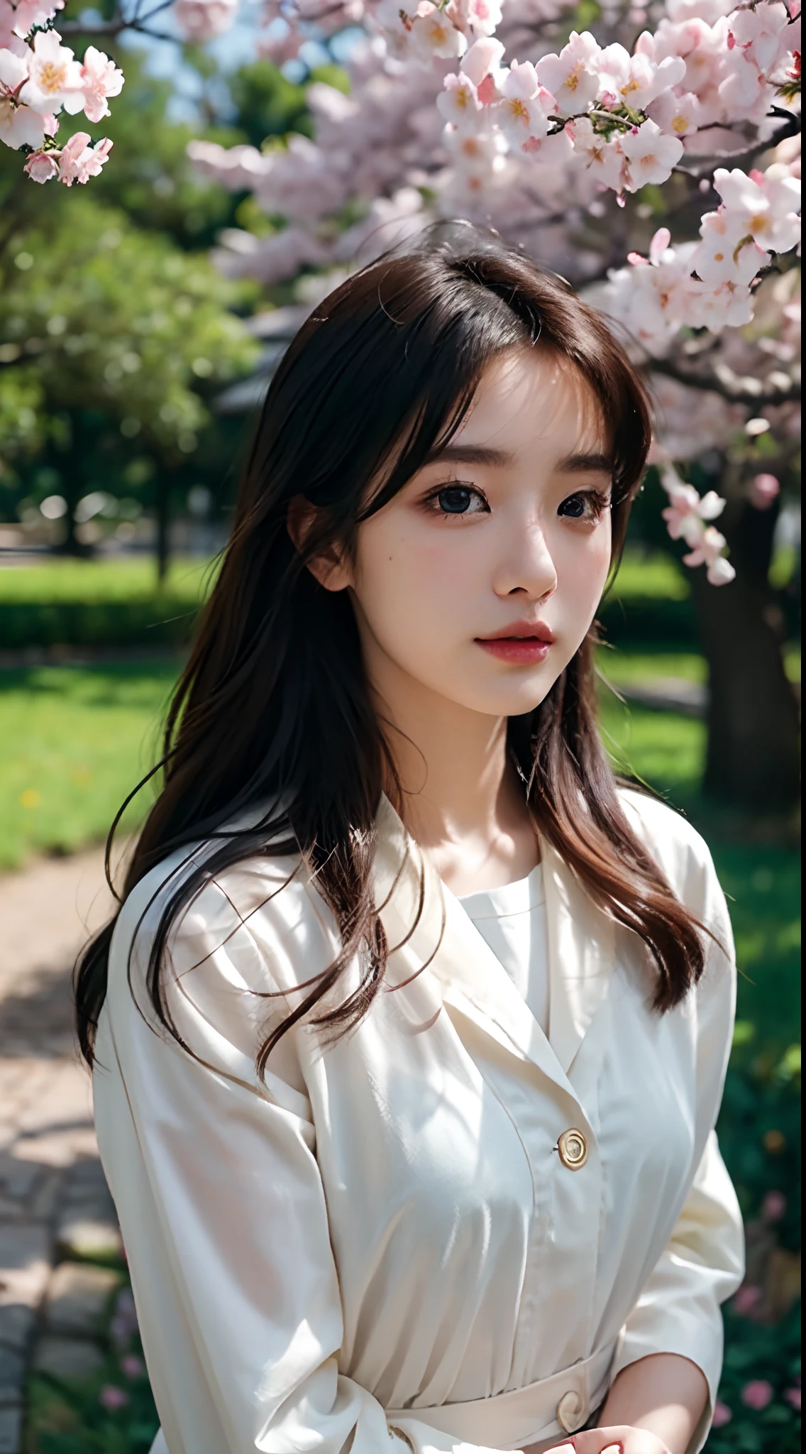 Best quality, Realistic, Photorealistic, extremely detaile, An extremely delicate and beautiful, RAW photo, Japanese and Korean beauties，South Korean beauties，Girl in JK uniform, Vibrant colors, Detailed eyes and lips, Beautiful hair, joyful expressions, Surrounded by cherry blossom trees, It has a kawaii anime style, In a picturesque garden full of sunshine. The artwork is of the best quality, With ultra-detailed features and realistic, Realistic touch. vibrant with colors，The lighting creates a warm atmosphere, Dreamy atmosphere.