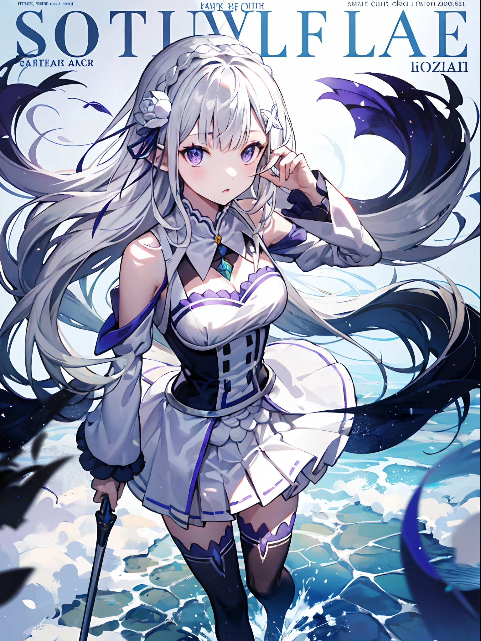 masterpiece,(best quality),(1girl) ,solo,(high contrast:1.2),(high saturation:1.2), ((hands on the pocket)),((black and white sdress)),looking at viewer,((white and light blue theme:1.3)),((white and light blue background:1.5)),((walking:1.3)),full body,((the light blue water on sky and white cloud and day)),((from above:1.2)),
(magazine:1.3), (cover-style:1.3), fashionable, woman, vibrant, outfit, posing, front, colorful, dynamic, background, elements, confident, expression, holding, statement, accessory, majestic, coiled, around, touch, scene, text, cover, bold, attention-grabbing, title, stylish, font, catchy, headline, larger, striking, modern, trendy, focus, fashion,rezeroemilia, emilia, braid, crown braid, flower, hair flower, hair ornament, hair ribbon, long hair, pointy ears, (purple eyes:1.2), white hair, x hair ornament, BREAK detached collar, detached sleeves, frilled sleeves, frills, long sleeves, miniskirt, pleated skirt, ribbon, skirt, thighhighs, white skirt, white sleeves, white thighhighs, wide sleeves, zettai ryouiki, BREAK outdoors, city, BREAK looking at viewer, BREAK