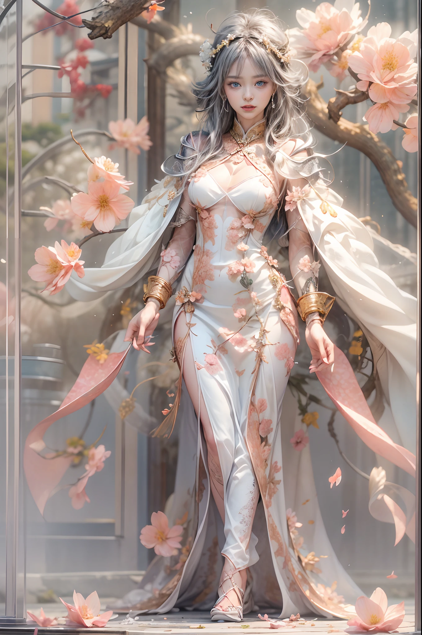(Blind box toy style:1.2),(fully body photo),1个Giant Breast Girl,Accurate and perfect Japanese female face,Body golden ratio,Behind him is a transparent Chinese dragon,(Mechanical limb,Mechanical torso,Made of shiny white and silver translucent glass and titanium, Delicate lace dress, joyful expressions, Vibrant colors, Peach blossom background,Peach blossom petals fall, Bright sunlight,Delicate flower crown on the head:1.2,Blue eyes:1.2,future-tech,Oriental elements,dreamy glow),(globalillumination,Ray traching,hdr,The rendering is not realistic,Rational design,high detal,tmasterpiece,best qualtiy,hyper HD,cinmatic lighting)