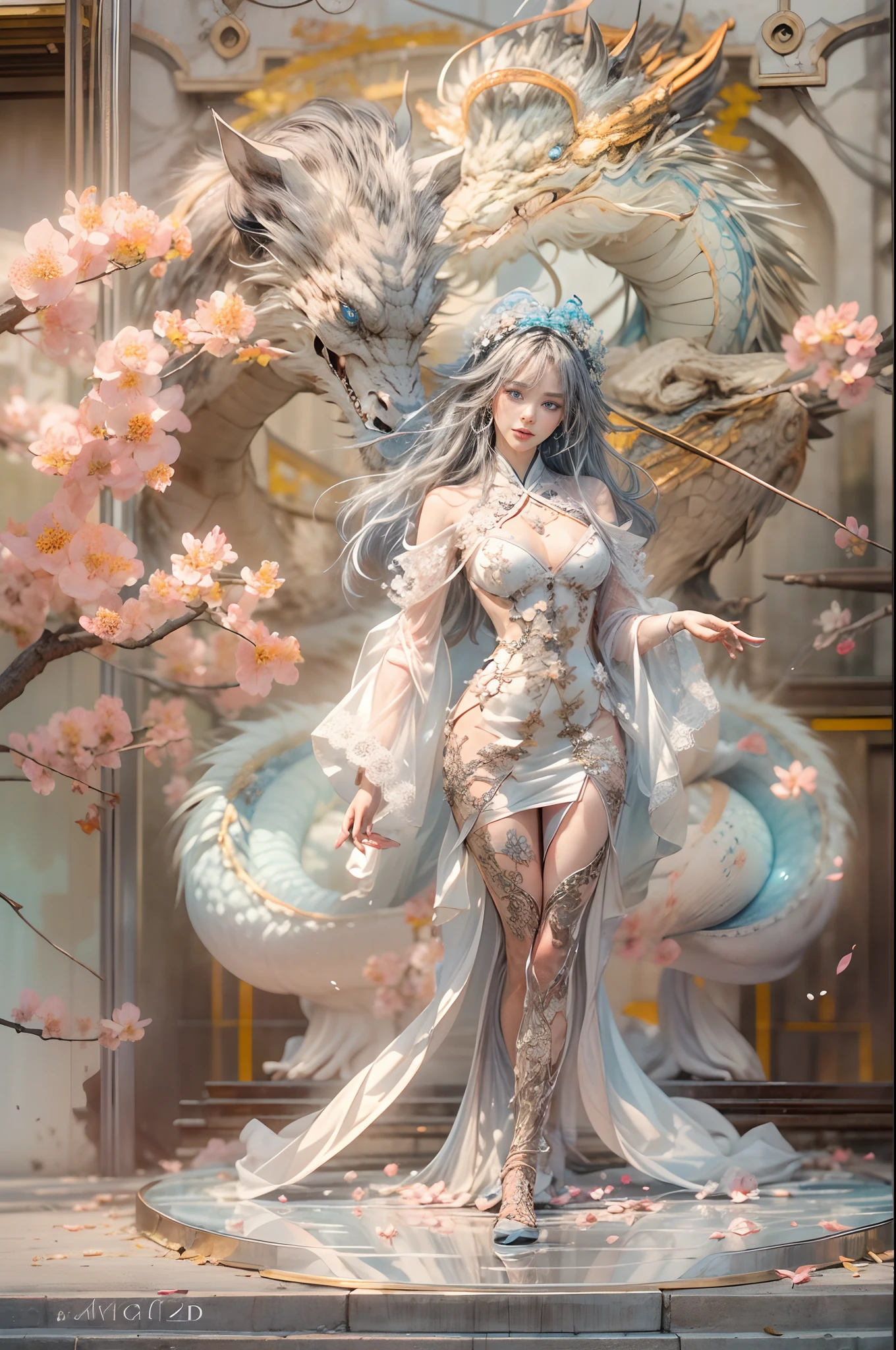 （Blind box toy style：1.2），（fully body photo），1个Giant Breast Girl，Accurate and perfect Japanese female face，Body golden ratio，Behind him is a transparent Chinese dragon，(Mechanical limb，Mechanical torso，Made of shiny white and silver translucent glass and titanium， Delicate lace dress, joyful expressions, Vibrant colors, Peach blossom background,Peach blossom petals fall, Bright sunlight,Delicate flower crown on the head：1.2，Blue eyes：1.2，future-tech，Oriental elements，dreamy glow)，（globalillumination，Ray traching，hdr，The rendering is not realistic，Rational design，high detal，tmasterpiece，best qualtiy，hyper HD，cinmatic lighting)