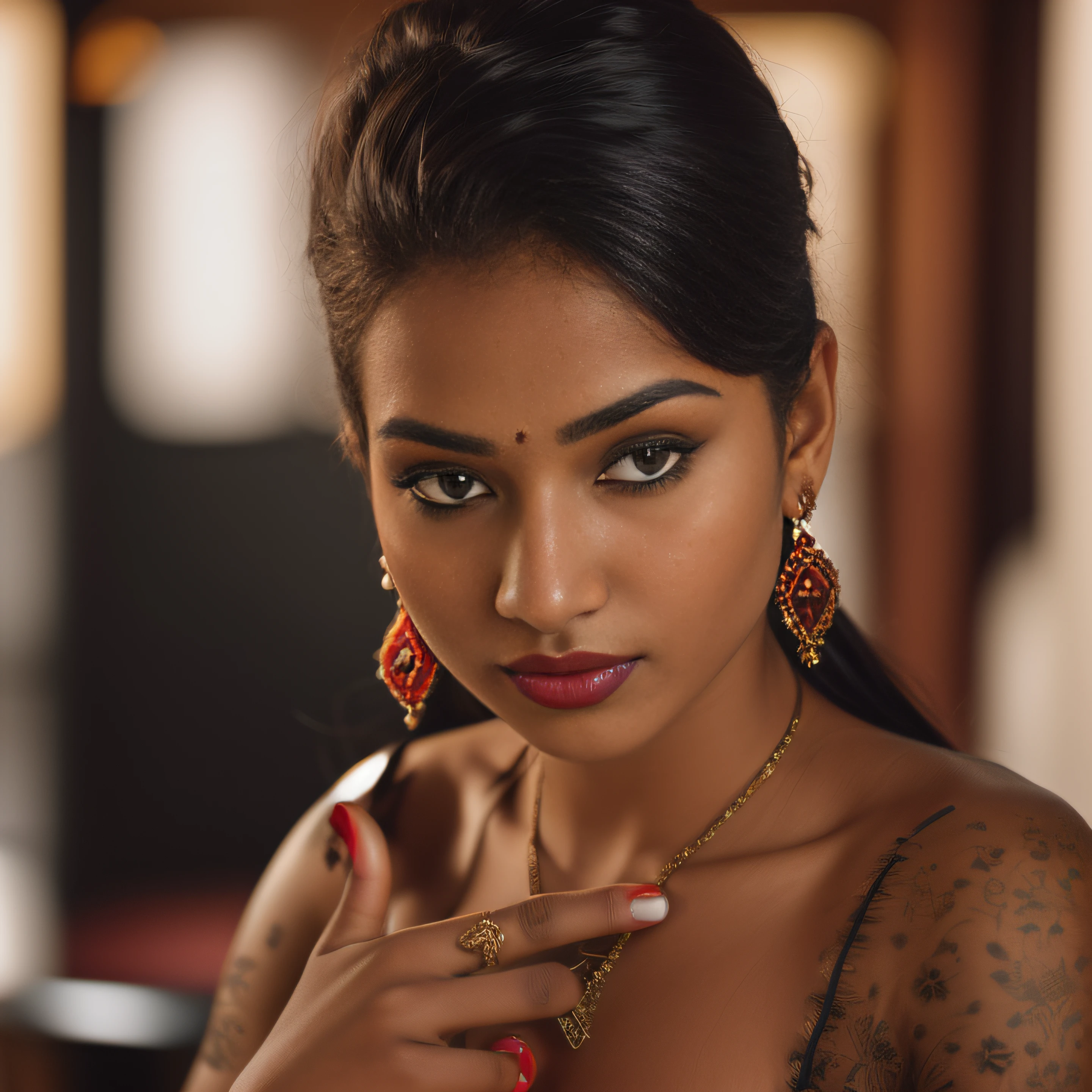 there is a woman with a red necklace and a black dress, srilanka model aesthetic, indian, beautiful young indianwoman, with lovely look, young himalayan woman, traditional beauty, very beautiful girl, with accurate face, beuatiful face, beautiful himalayan woman, portait photo profile picture, beutiful face, around 1 9 old, facebook profile picture, ((film grain, skin details, high detailed skin texture, 8k hdr, dslr)), photography taken by sony DSLR, Hd image, dark redlips, 2 5 yo, chubby body, sexy figure, big breast