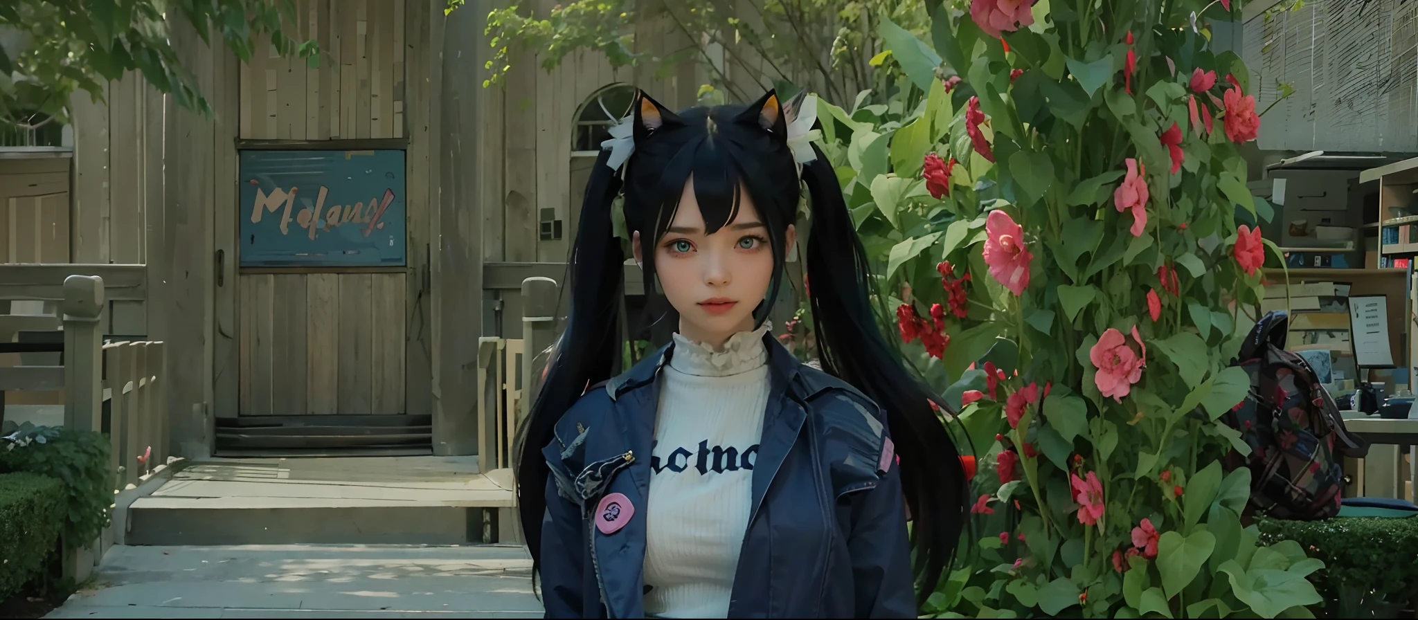 1girl, twintails, multicolored hair, hair ornament, hair over one eye, cat ears, blue eyes, blue hair, pink hair, smile, bow, solo, indoors, makeup, pleated skirt, long hair, bangs, pink nails, open mouth ,the most beautiful form of chaos, elegant, a brutalist designed, vivid colours, romanticism, atmospheric, (RAW photo, best quality), (realistic, photo-realistic:1.3), masterpiece, an extremely delicate and beautiful, extremely detailed, sitting,