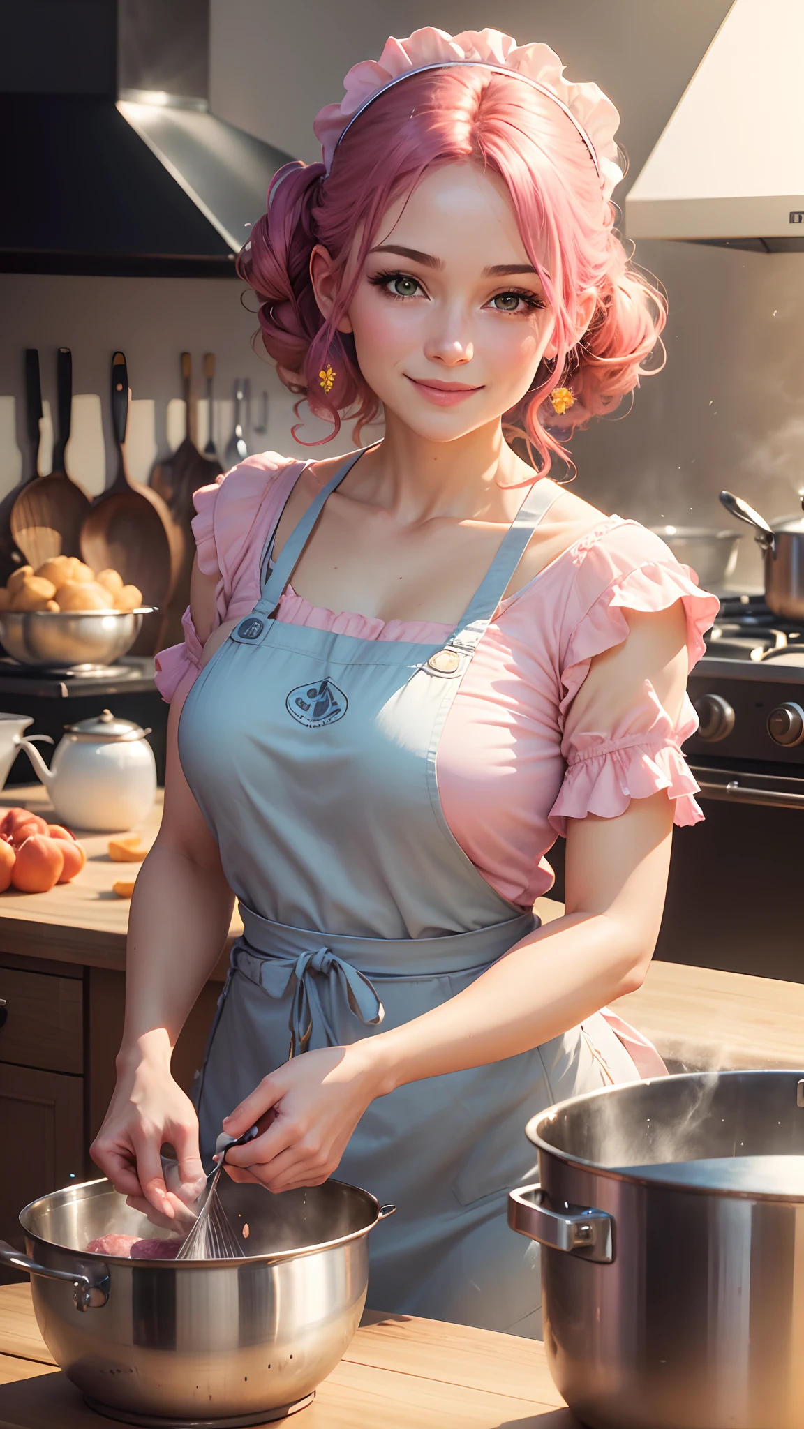 (a beautiful woman,cook),(bright light),(best quality,4k,highres,vivid colors),(realistic),(portraits),(natural,soft color palette),(studio lighting),(kitchen scene),fresh ingredients,focused expression,pots and pans,delicious aroma,pink apron,mesmerizing smile,warm atmosphere,wisps of steam,artistic composition,impeccable details