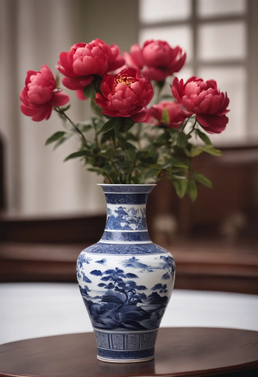 Ancient Chinese blue and white porcelain vase,Close-up of details,Well-made porcelain vases,Sleek shape,Exquisite,The porcelain vase has exquisite painting patterns on it,Porcelain white bottle,Peony flower pattern,Dazzling light,Elevation viewing angle,3D,8K,Color decoration,artwork of a
