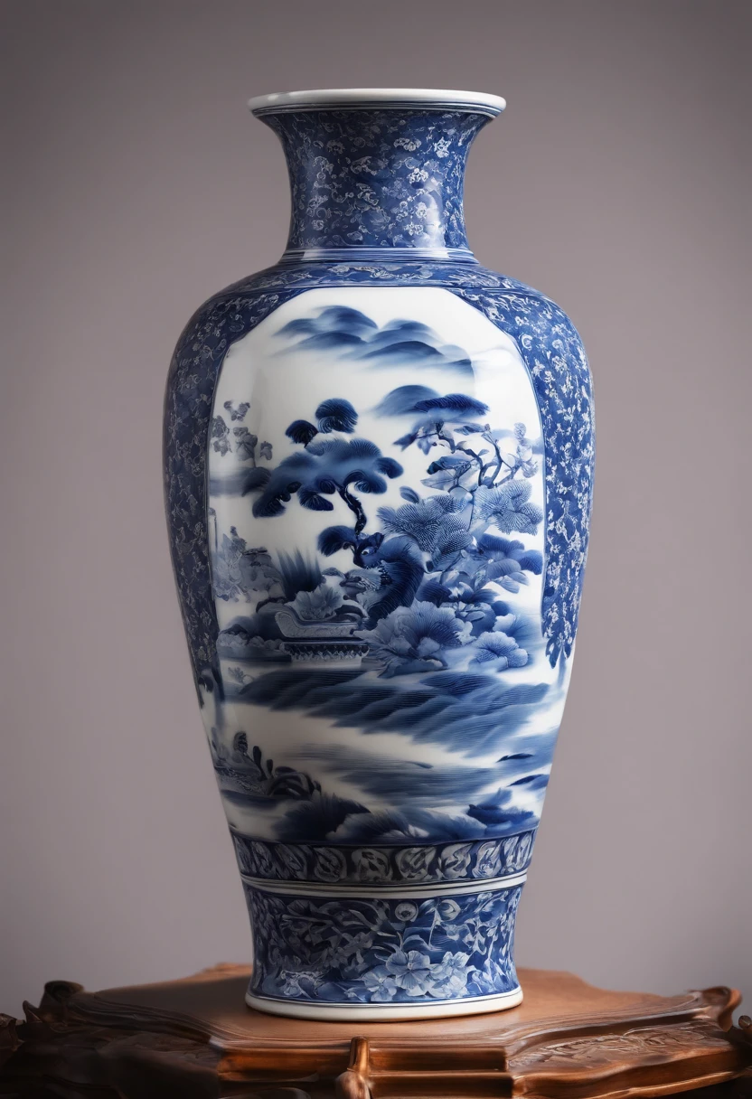 Ancient Chinese blue and white porcelain vase，Close-up of details，Well-made porcelain vases，Sleek shape，Exquisite，The porcelain vase has exquisite painting patterns on it，Porcelain white bottle，Peony flower pattern，Dazzling light，Elevation viewing angle，3D，8K，Color decoration，artwork of a