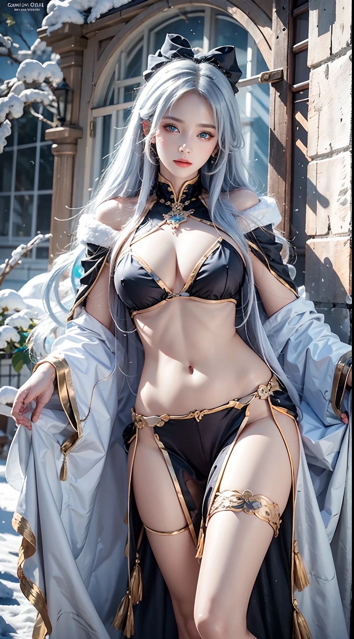 photorealistic, masterpiece, photorealistic, high resolution, soft light, hips up, (ta costume),Gorgeous costumes,Face the audience,The upper part of the body,upper legs, beautidful eyes, White hair, ringed eyes, (outside,Heavy snowfall,Cloak,Cover with snow),snowfield,Blue eyes,Illustrations of the highest quality,A meticulous face