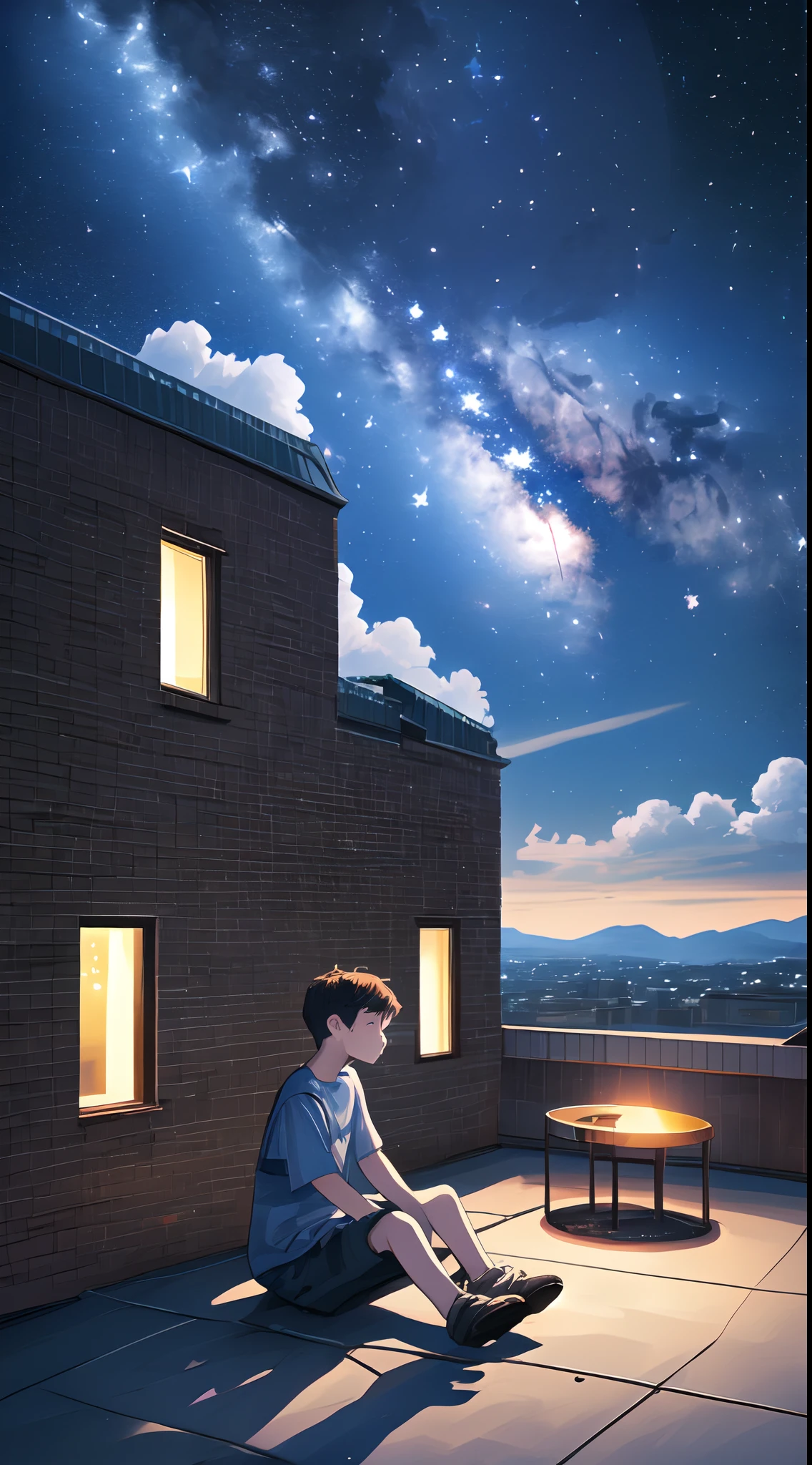 Milky way,midnight,star,sky,cloud,moon, rooftop building,The building lights are on,A boy sits on floor, landscape