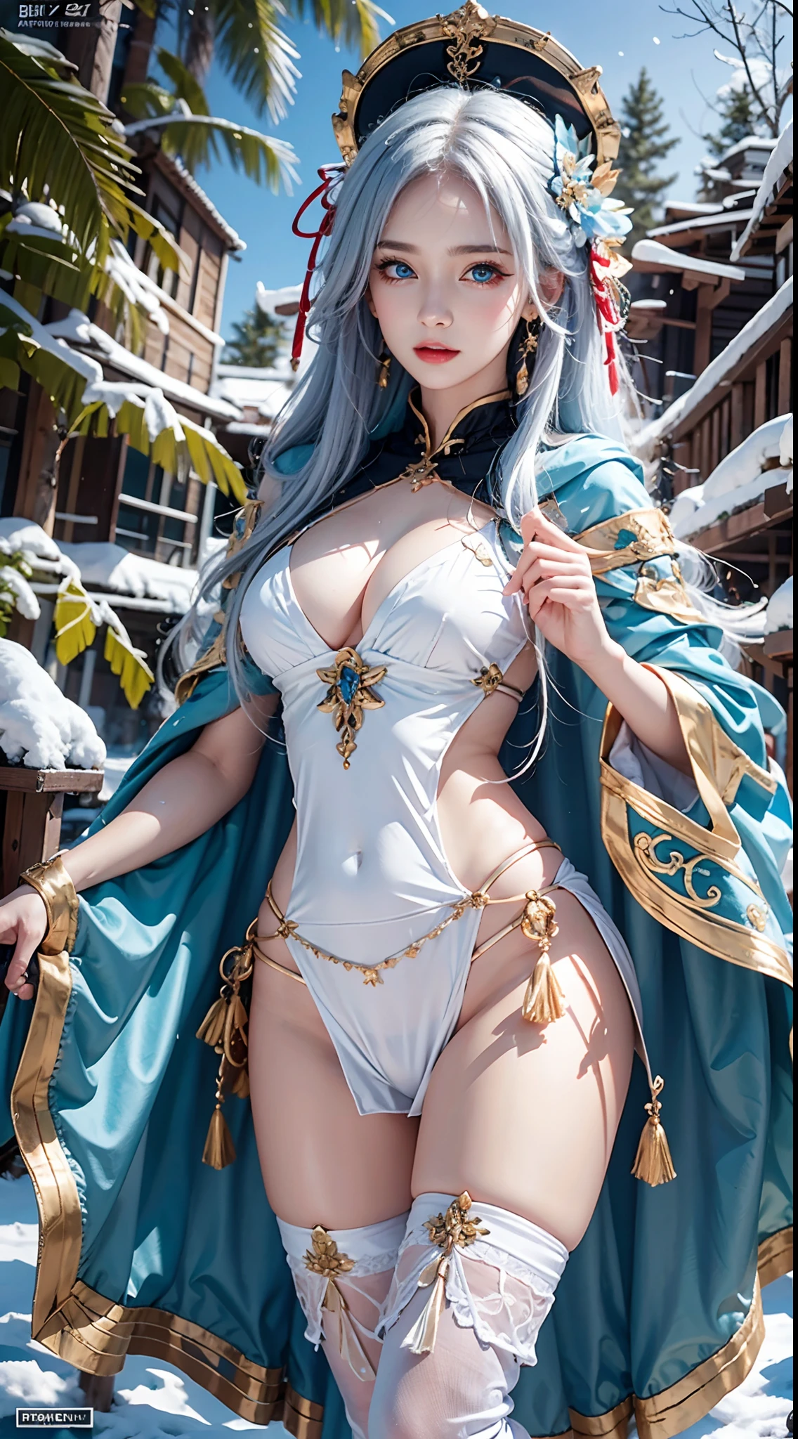 photorealistic, masterpiece, photorealistic, high resolution, soft light, hips up, (Lolita costume)，Gorgeous costumes，Face the audience，The upper part of the body，upper legs， beautidful eyes, White hair, ringed eyes, (outside，Heavy snowfall，Cloak，Cover with snow)，snowfield，Blue eyes，Illustrations of the highest quality，A meticulous face