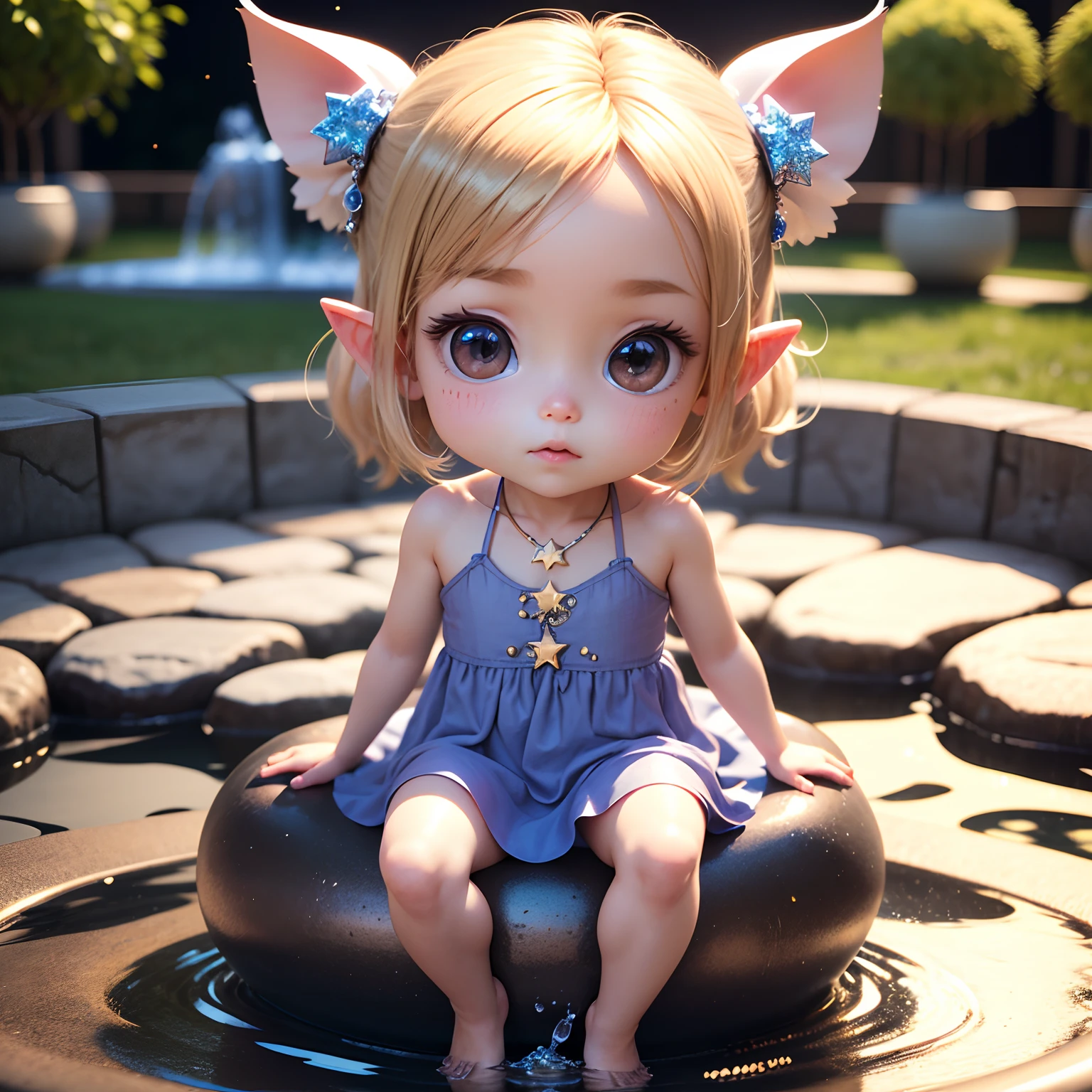 Cute Baby Chibi Anime、(((chibi 3d))) (Best Quality), (masutepiece)、Chibi Elf、Gorgeous platinum and amber hair ornament、耳Nipple Ring、Jewelry Decoration Costumes、If you put your hands together, there is water like a fountain、a small face、petite body、Barefoot on the lawn、The background is a sky with twinkling stars reminiscent of a galaxy、