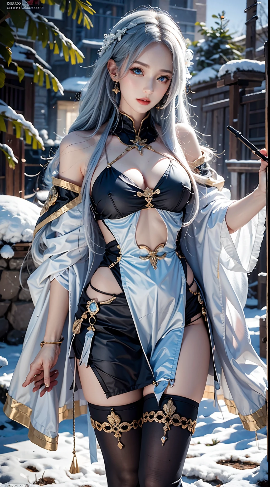 photorealistic, masterpiece, photorealistic, high resolution, soft light, hips up, (Lolita costume)，Gorgeous costumes，Face the audience，The upper part of the body，upper legs， beautidful eyes, White hair, ringed eyes, (outside，Heavy snowfall，Cloak，Cover with snow)，snowfield，Blue eyes，Illustrations of the highest quality，A meticulous face