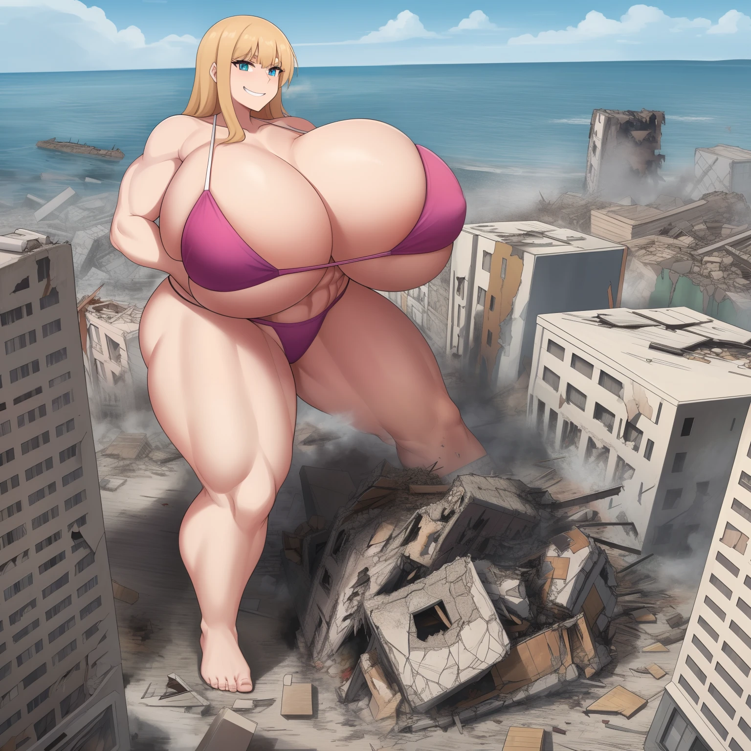 Giga giantess in a destroyed city, (GTS), macro, aerial view, from_above, ((rampage)), ((destruction)), bikini, giantess, (masterpiece), ((full_body)), footprints, ((gigantic_breasts)), facing_viewer, wide_shot, tiny buildings along the bottom of frame, abs, smirk, smug, crushing, explosion, military vehicle