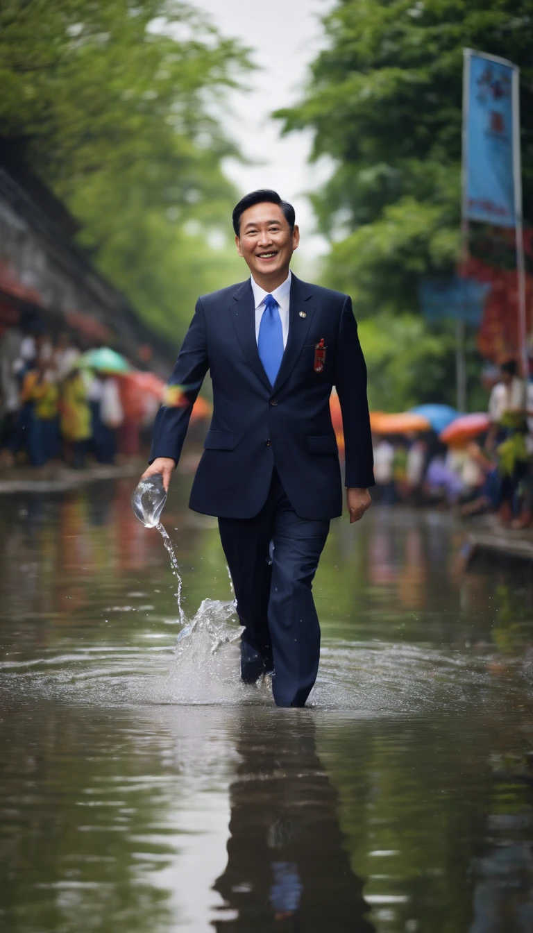 Asiian Politician, a smile, Looking directly at the lens, at centre, Very bright colors, light Particle, with light glowing, Mushiv, Standing with one leg raised high, Shameful, puddle,Water Reflection,rain,floating water drop, hydrangea, school uniform