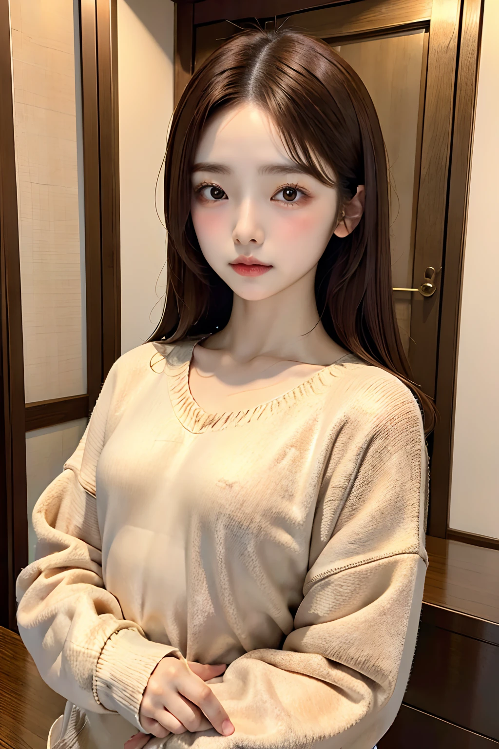 top-quality、masutepiece、独奏、Women with small breasts、Natural look、brown haired、Long sleeve sweatshirt